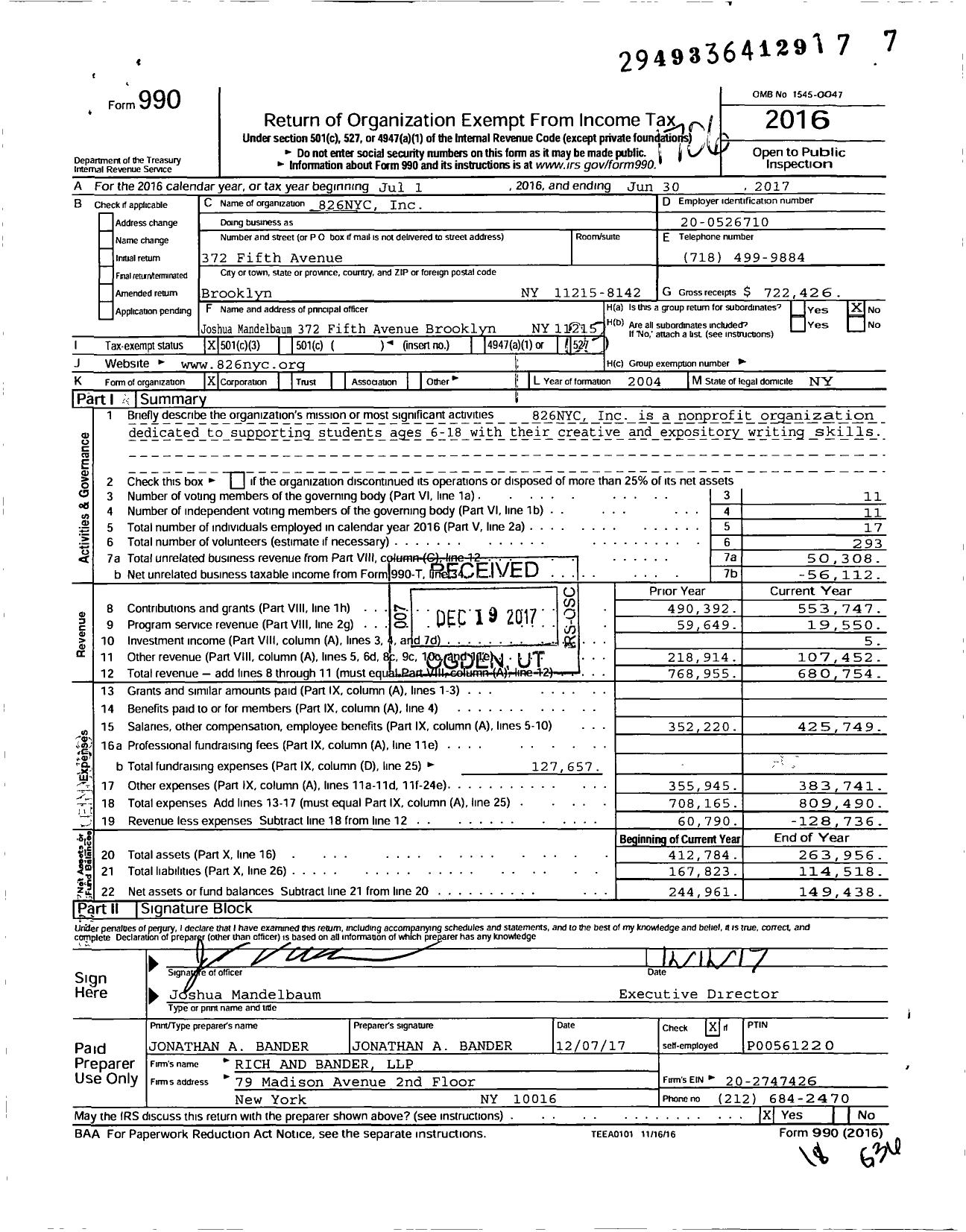 Image of first page of 2016 Form 990 for 826nyc