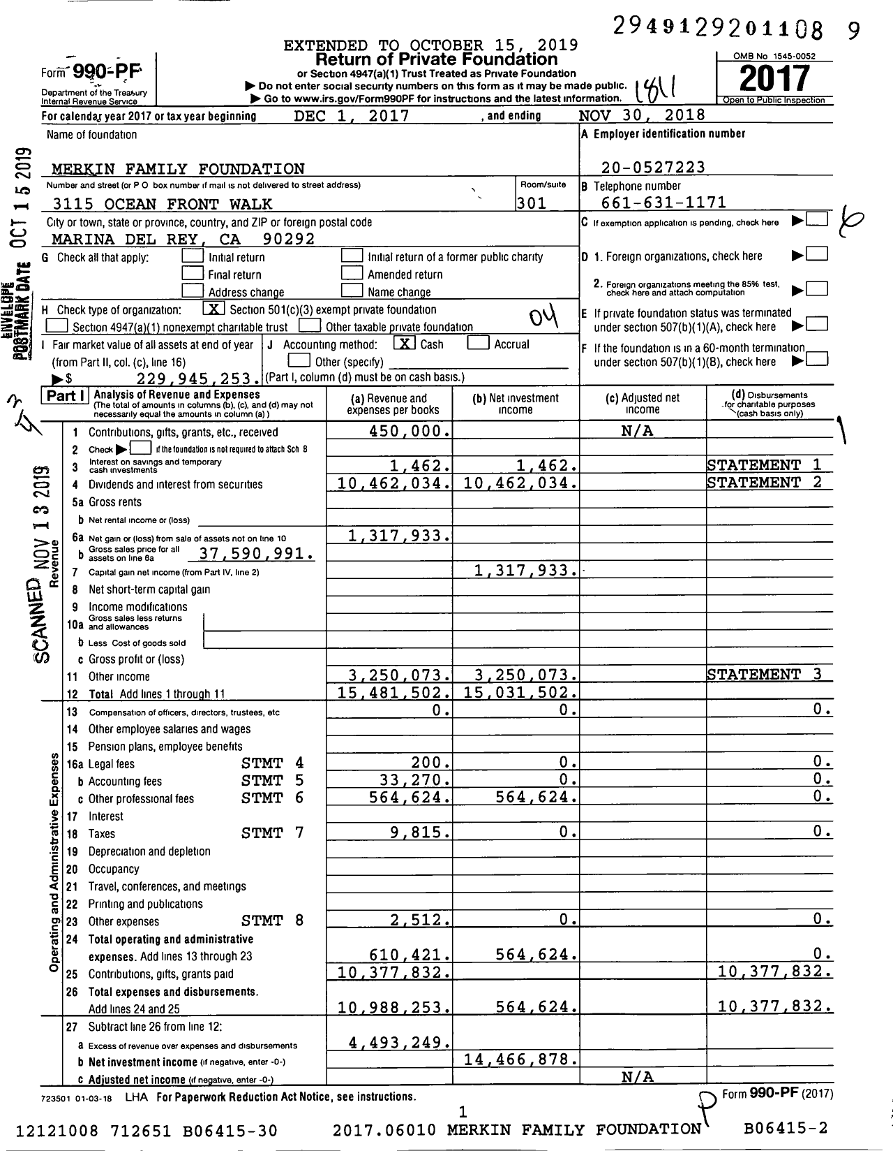 Image of first page of 2017 Form 990PF for Merkin Family Foundation