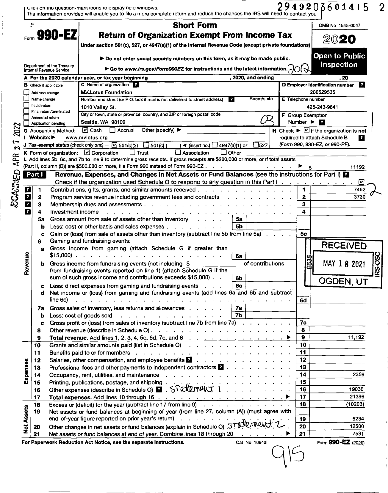 Image of first page of 2020 Form 990EZ for MV Lotus Foundation