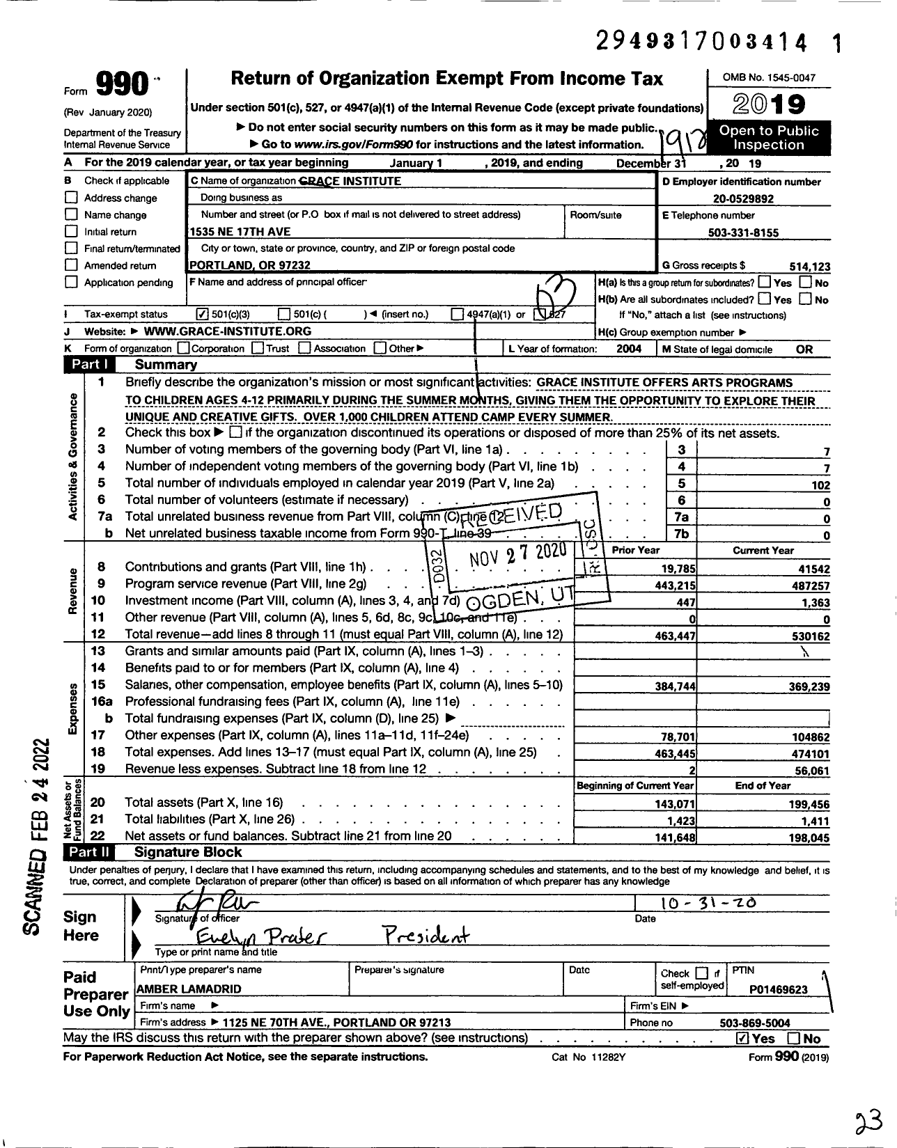 Image of first page of 2019 Form 990 for Grace Institute