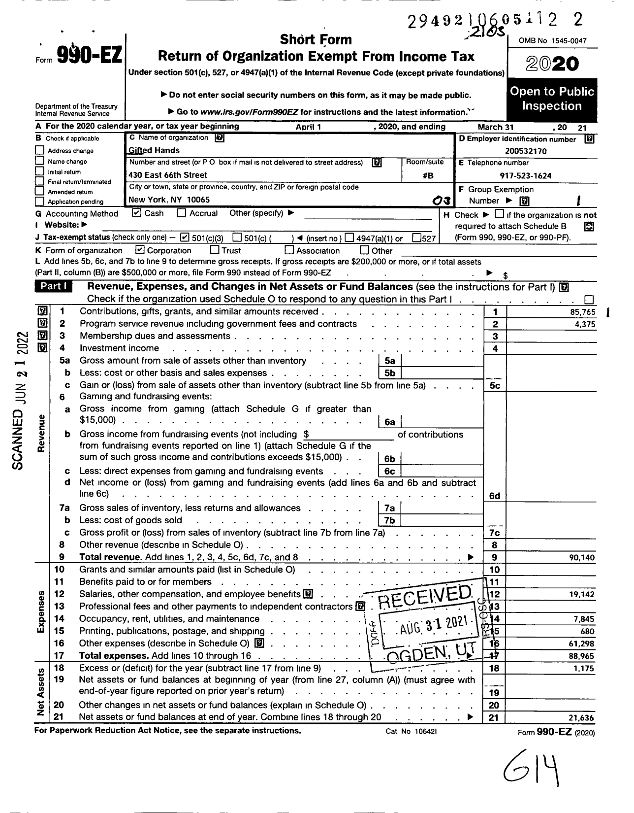 Image of first page of 2020 Form 990EZ for Gifted Hands