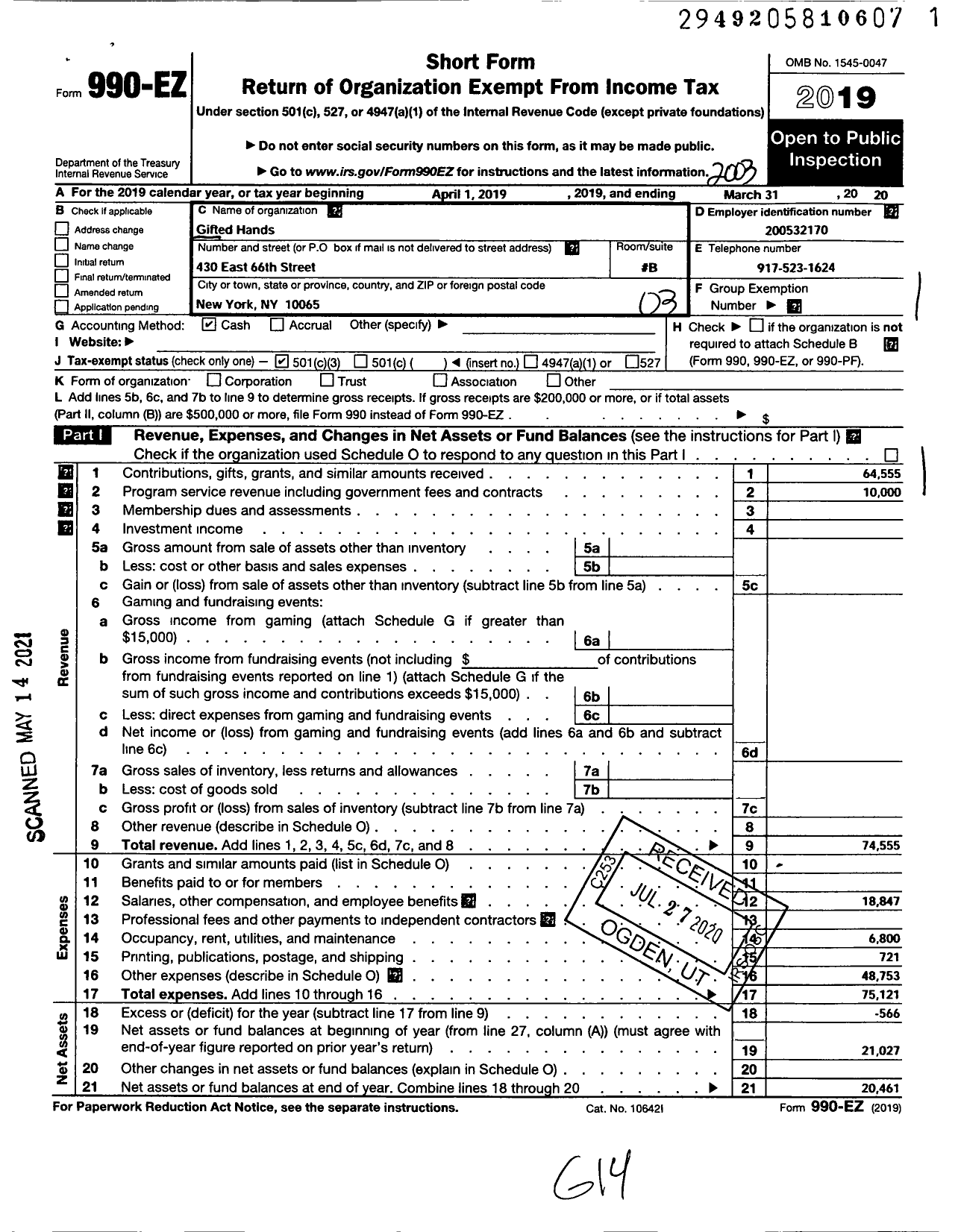 Image of first page of 2019 Form 990EZ for Gifted Hands