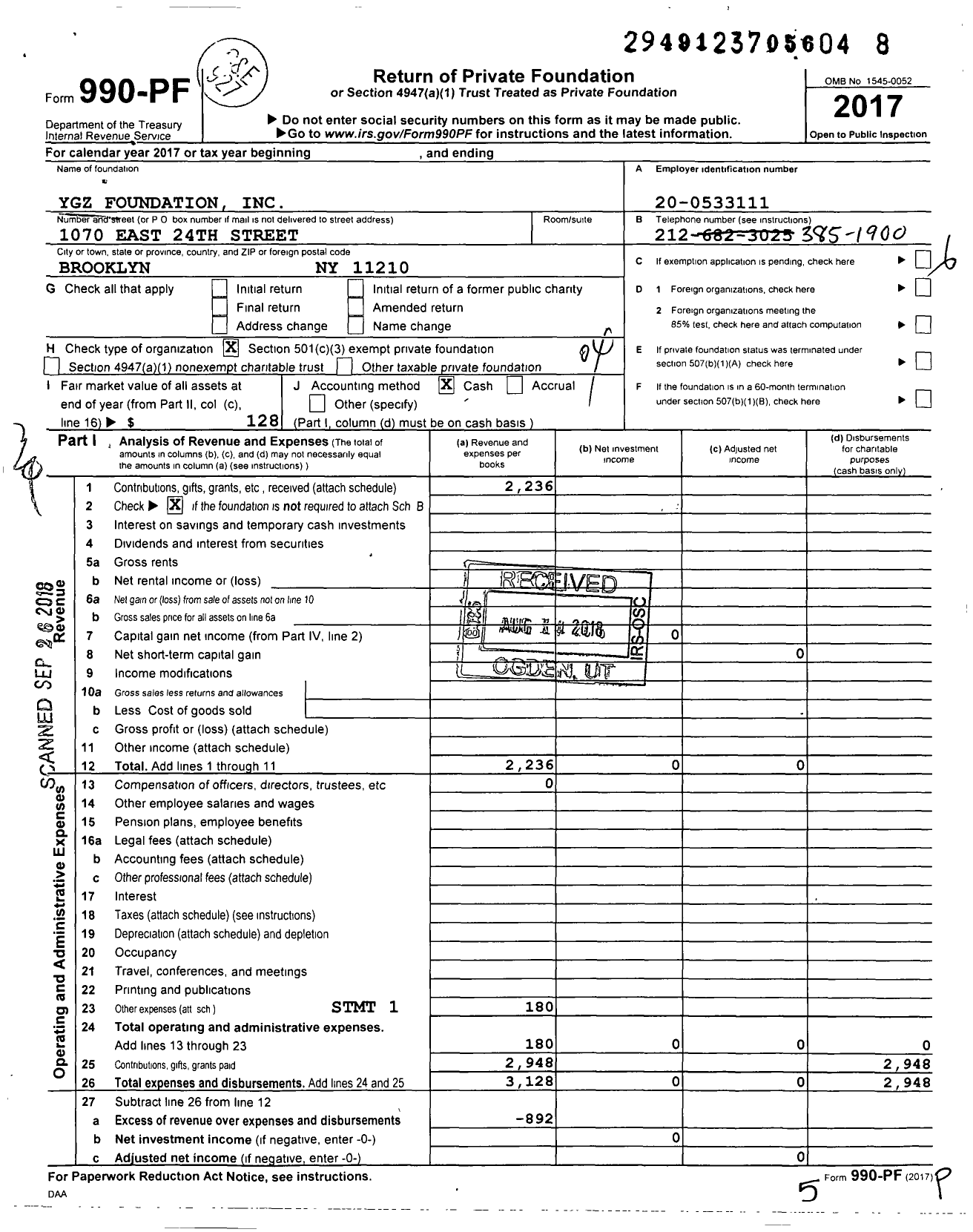 Image of first page of 2017 Form 990PF for Ygz Foundation