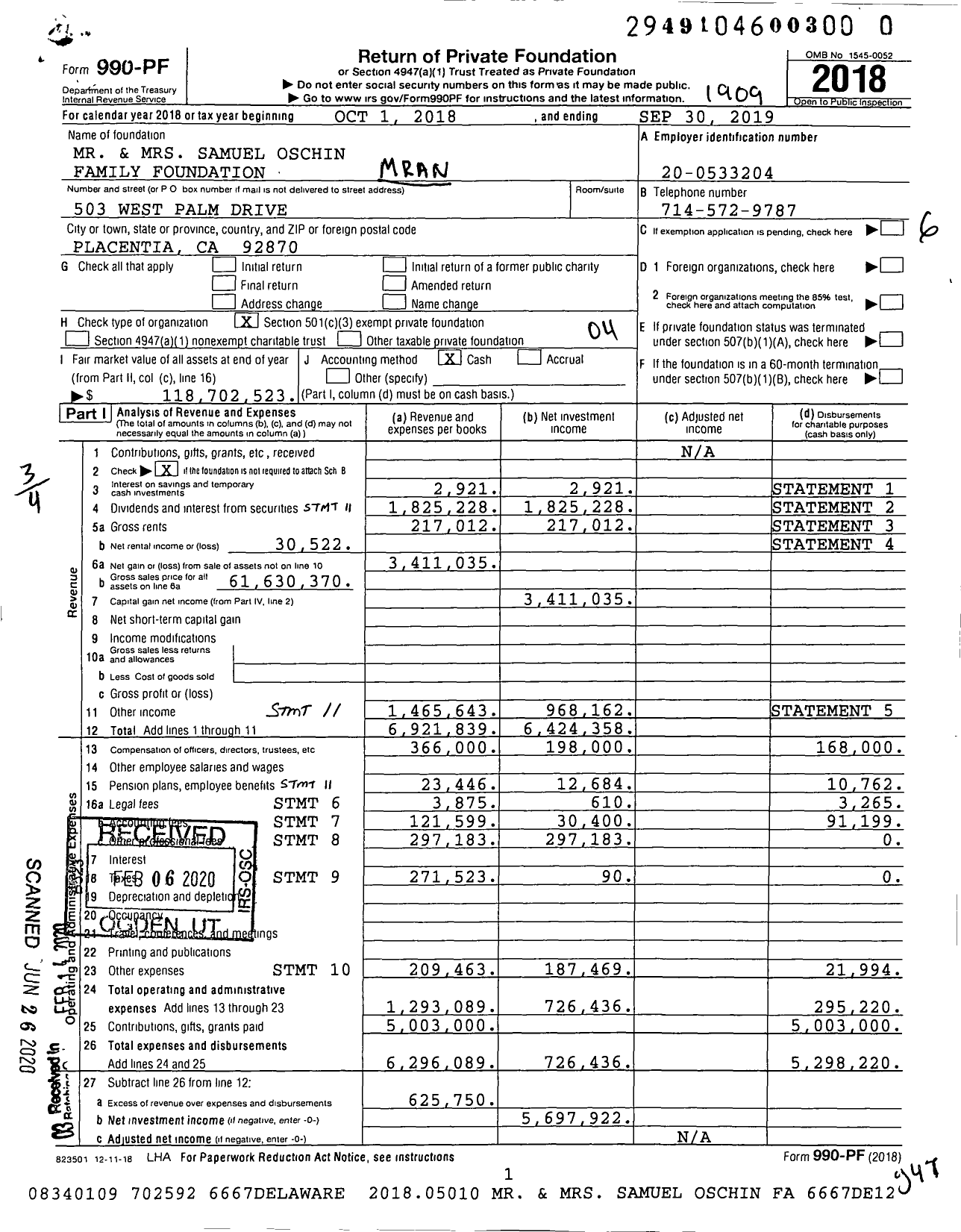 Image of first page of 2018 Form 990PR for Mr. and Mrs. Samuel Oschin Family Foundation