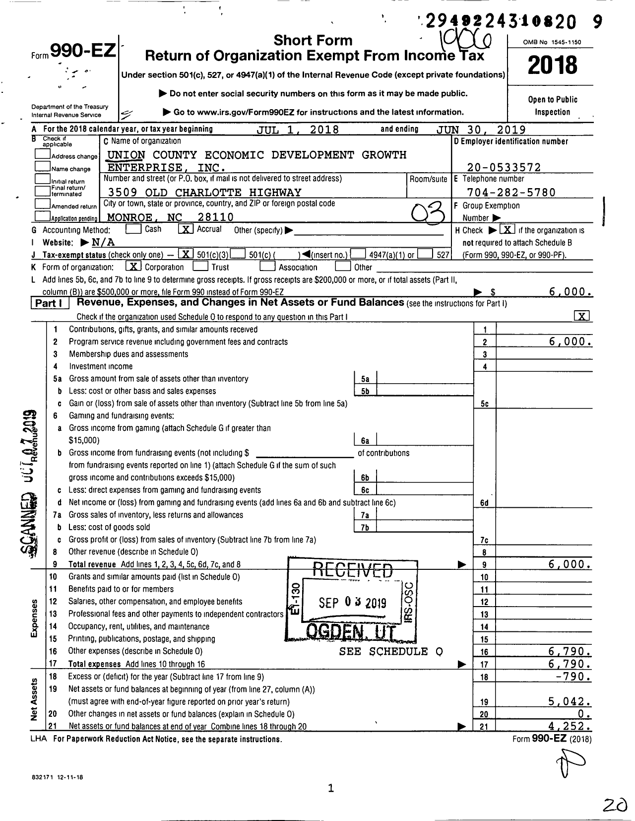 Image of first page of 2018 Form 990EZ for Union County Economic Development Growth Enterprise