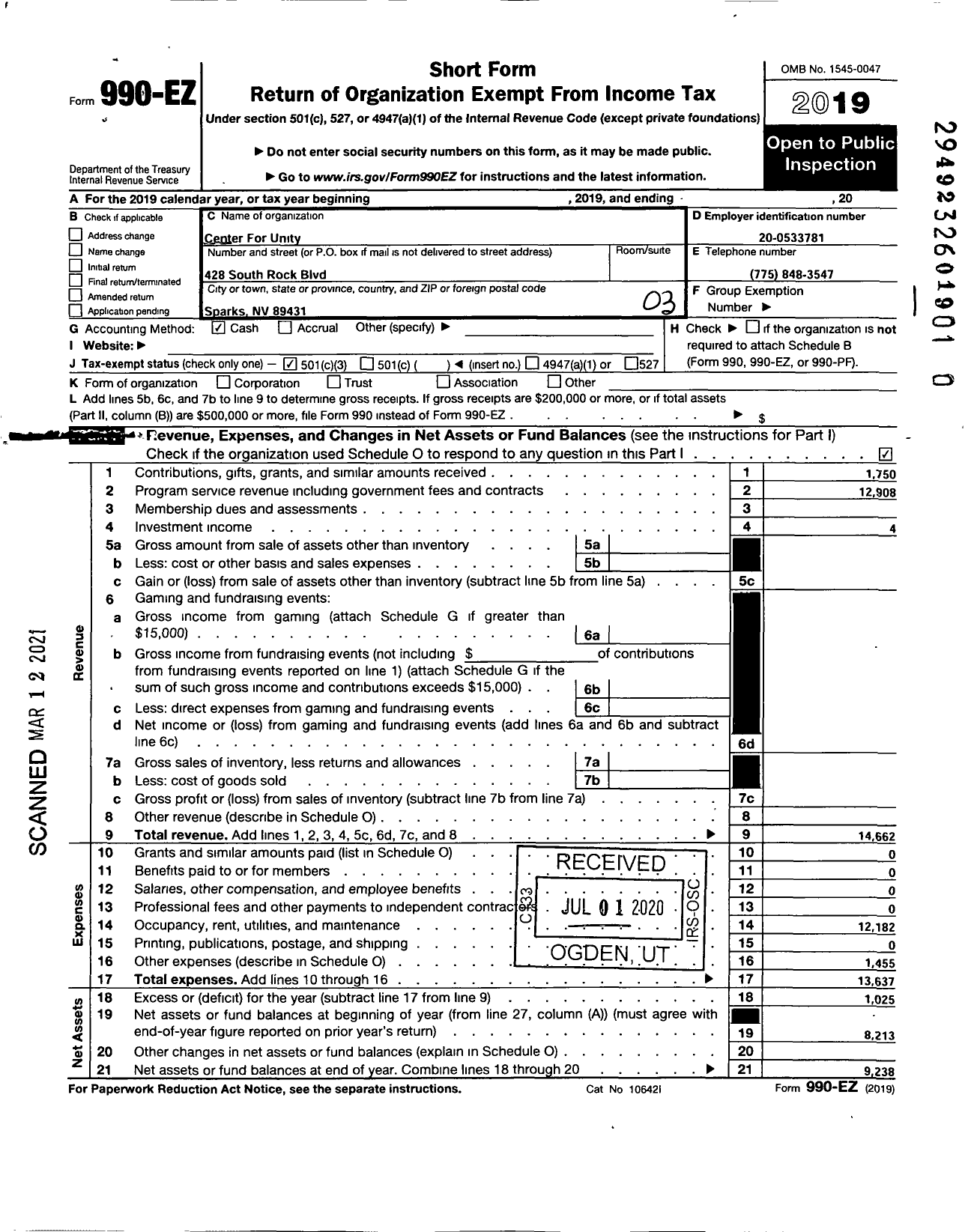 Image of first page of 2019 Form 990EZ for Center for Unity