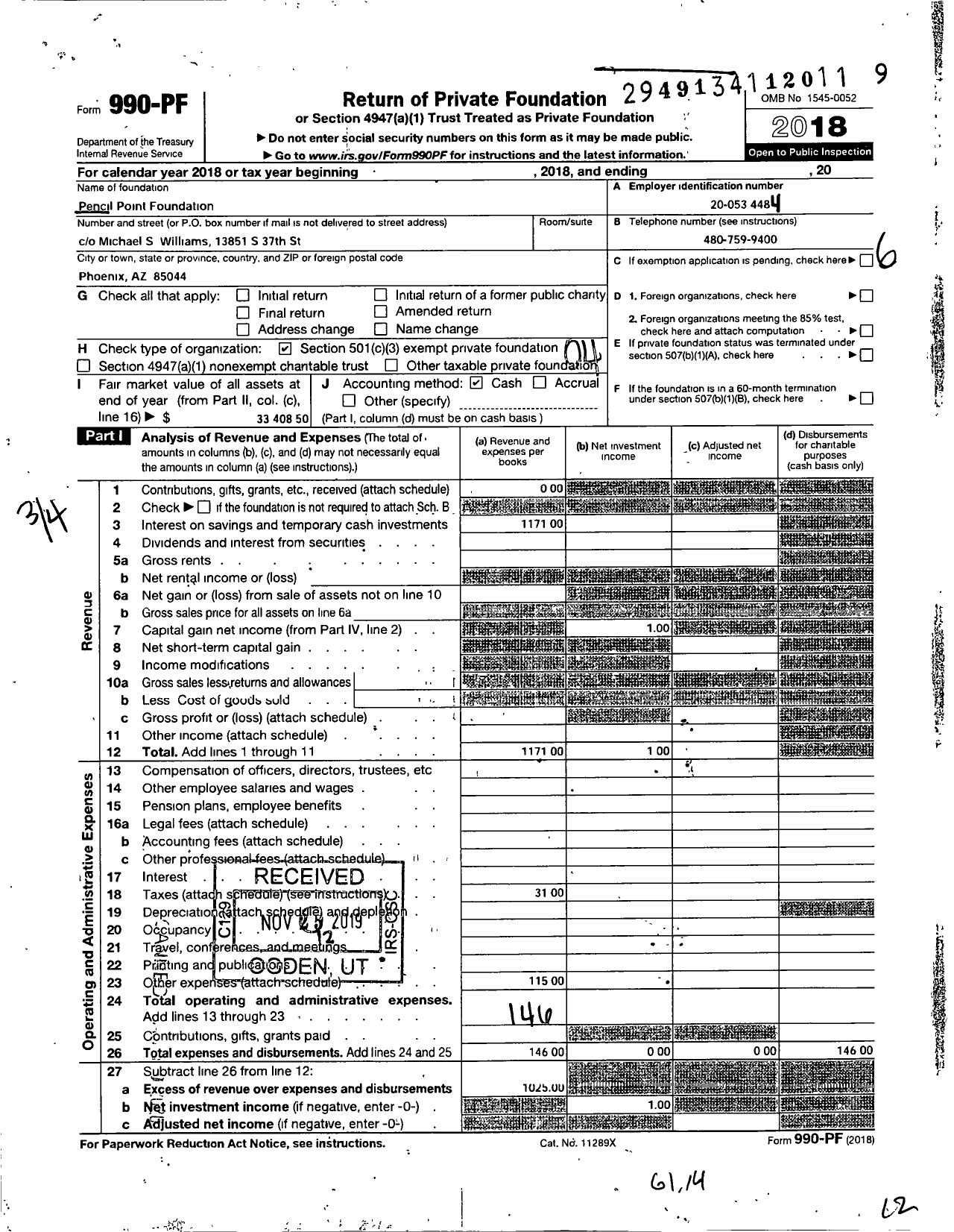 Image of first page of 2018 Form 990PF for Pencil Point Foundation