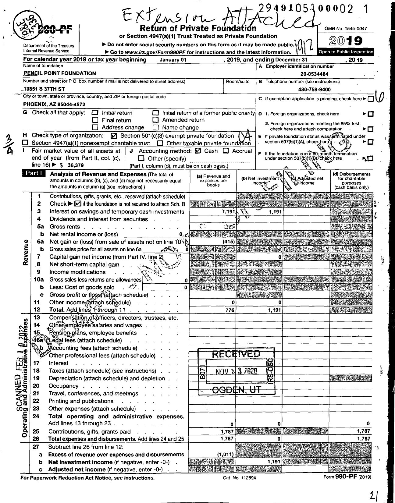 Image of first page of 2019 Form 990PF for Pencil Point Foundation