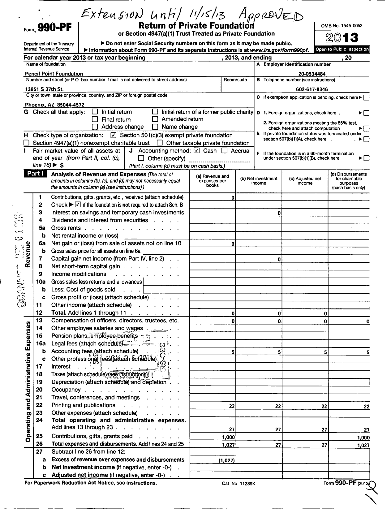 Image of first page of 2013 Form 990PF for Pencil Point Foundation