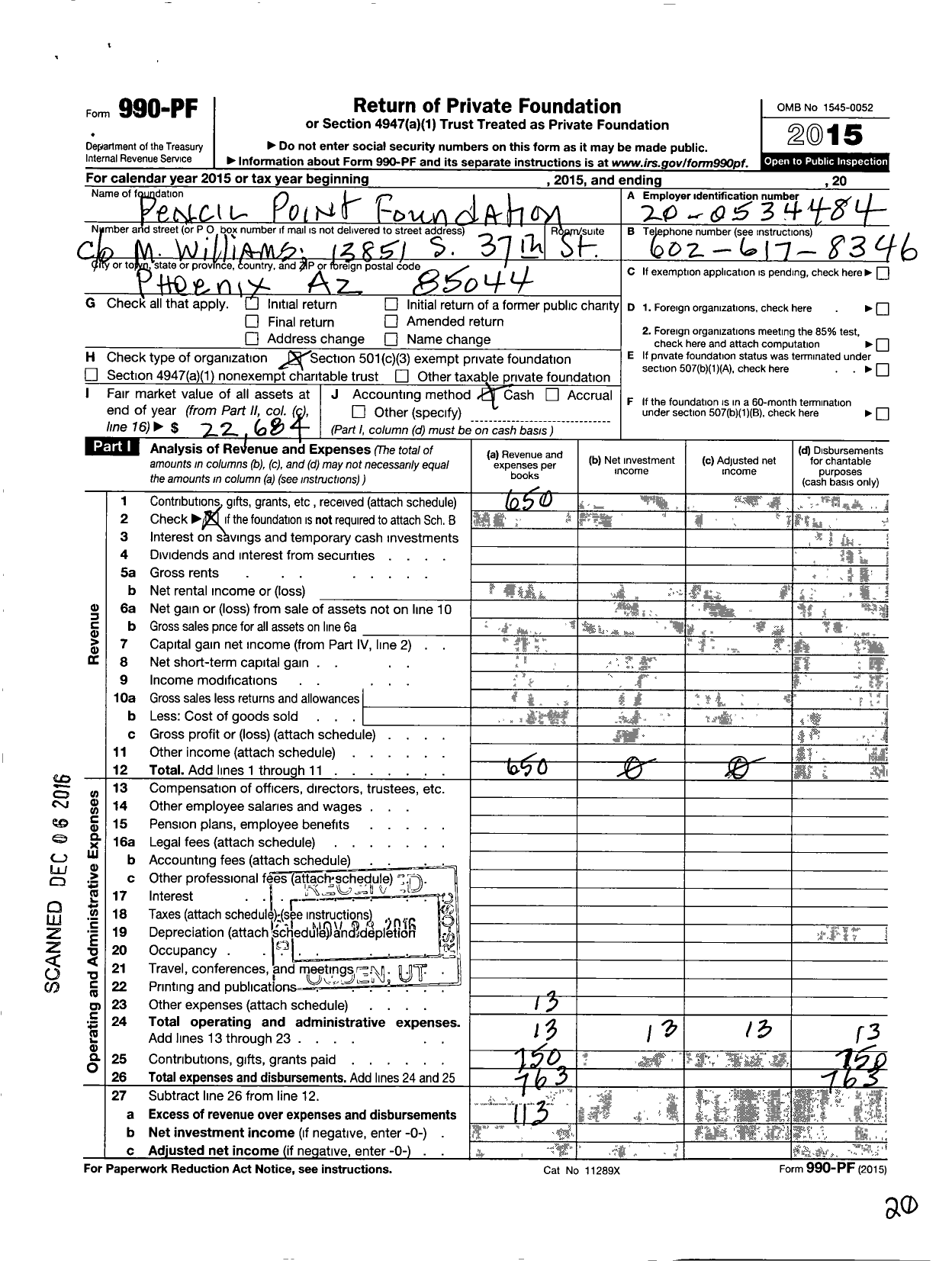 Image of first page of 2015 Form 990PF for Pencil Point Foundation