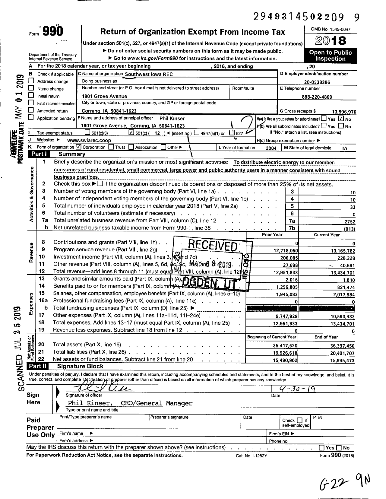Image of first page of 2018 Form 990O for Southwest Iowa REC