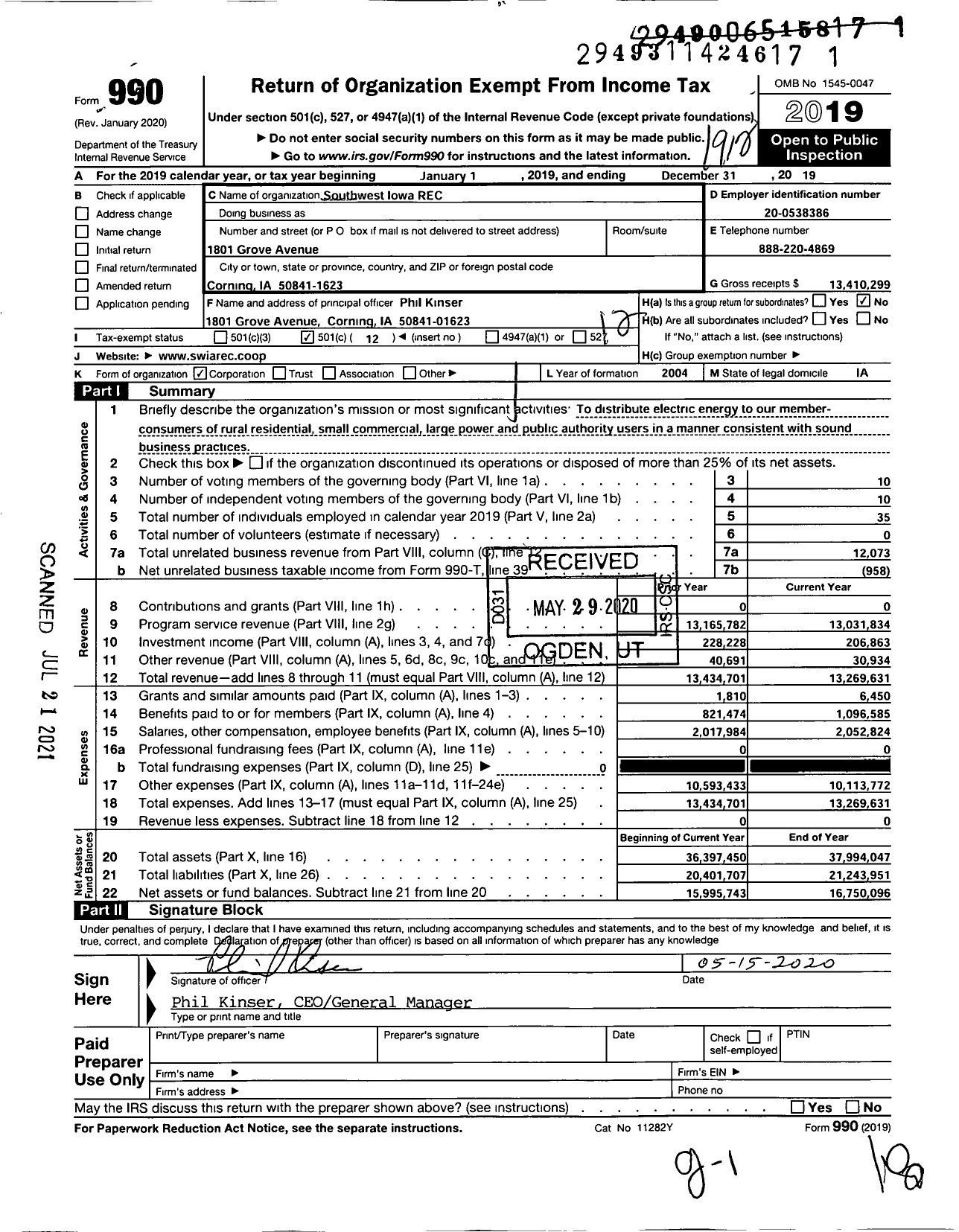 Image of first page of 2019 Form 990O for Southwest Iowa REC