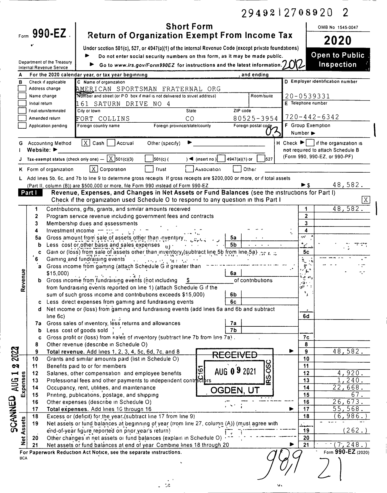 Image of first page of 2020 Form 990EZ for American Sportsman Fraternal Ord