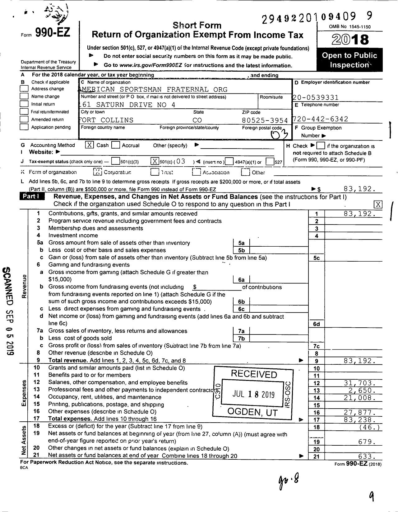 Image of first page of 2018 Form 990EZ for American Sportsman Fraternal Ord