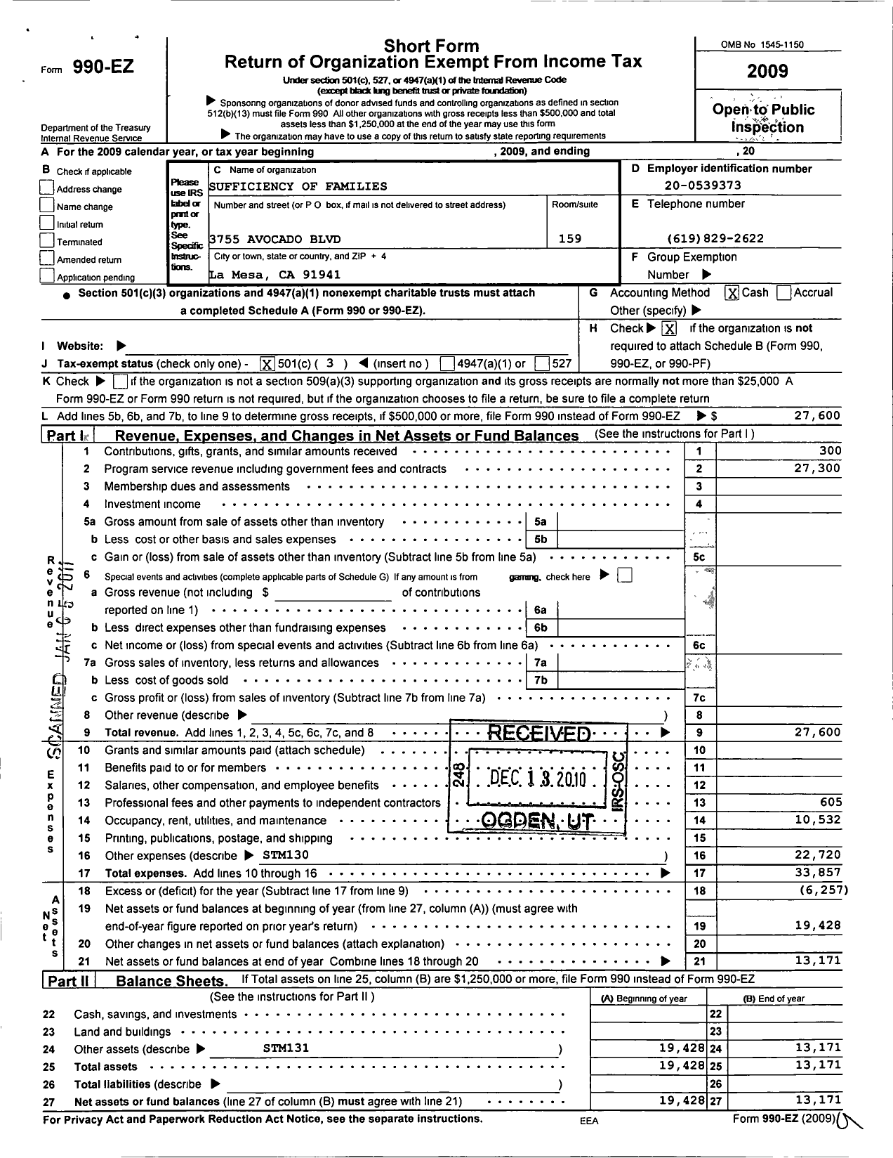 Image of first page of 2009 Form 990EZ for Sufficiency of Families