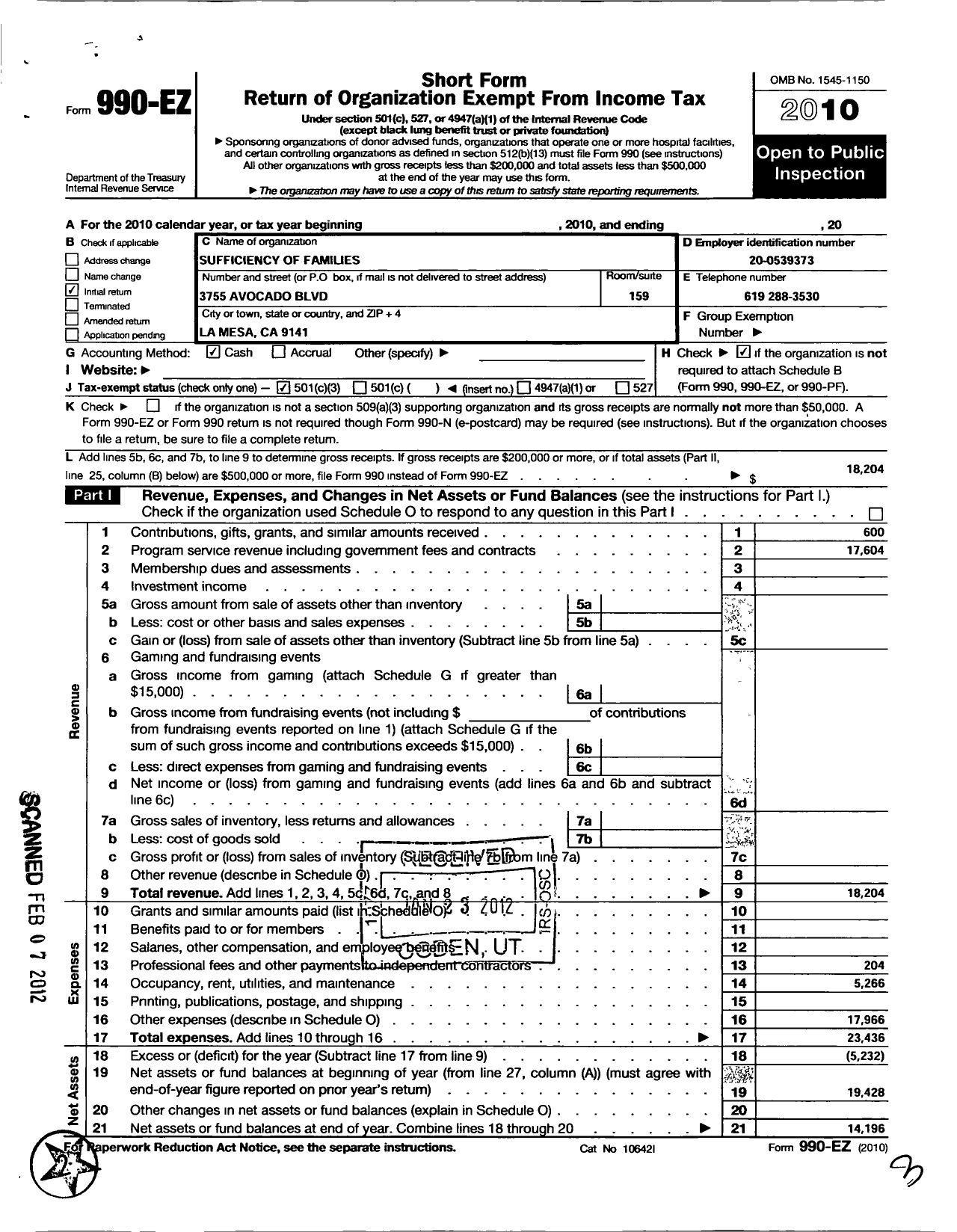 Image of first page of 2010 Form 990EZ for Sufficiency of Families