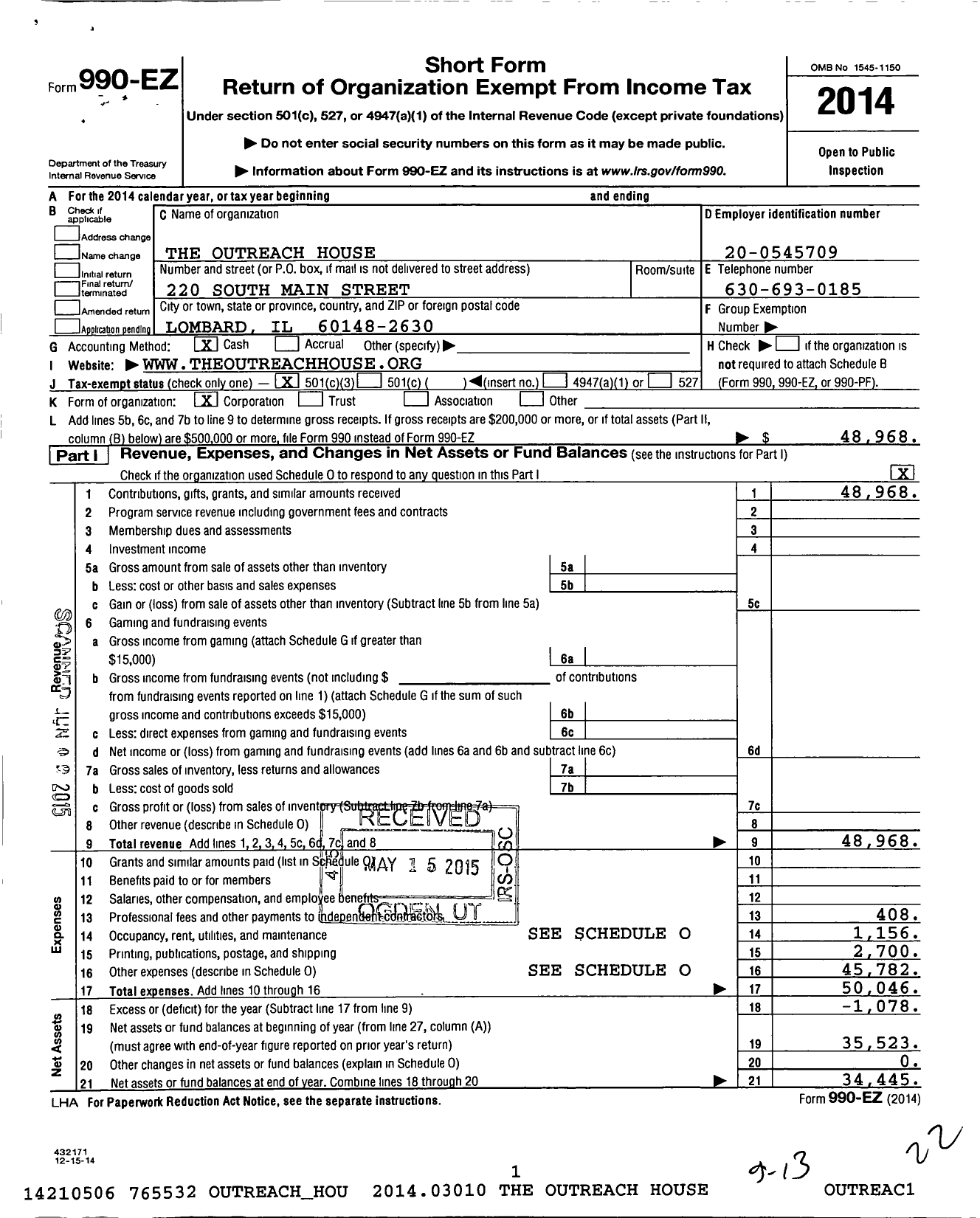 Image of first page of 2014 Form 990EZ for The Outreach House