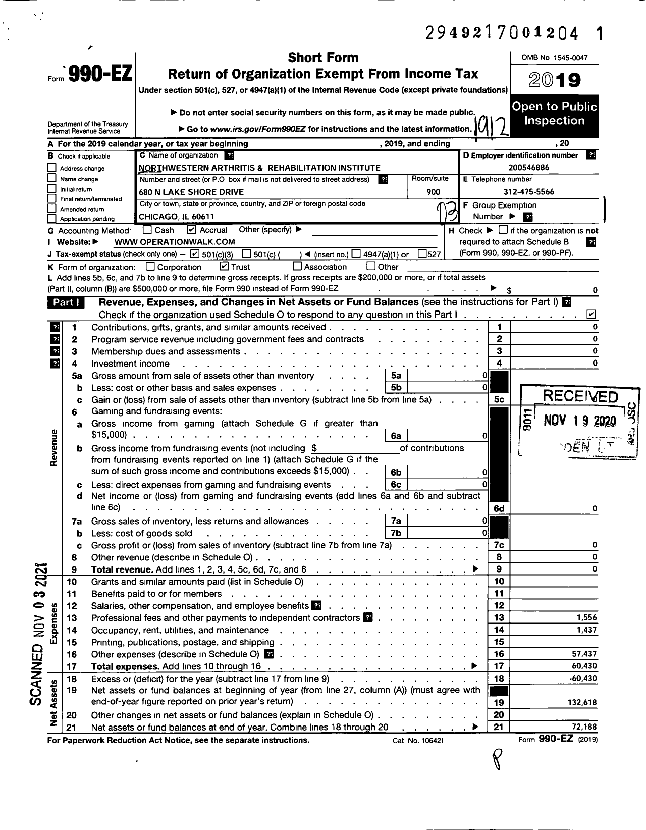 Image of first page of 2019 Form 990EZ for Northwestern Arthritis Rehabilitation Institute