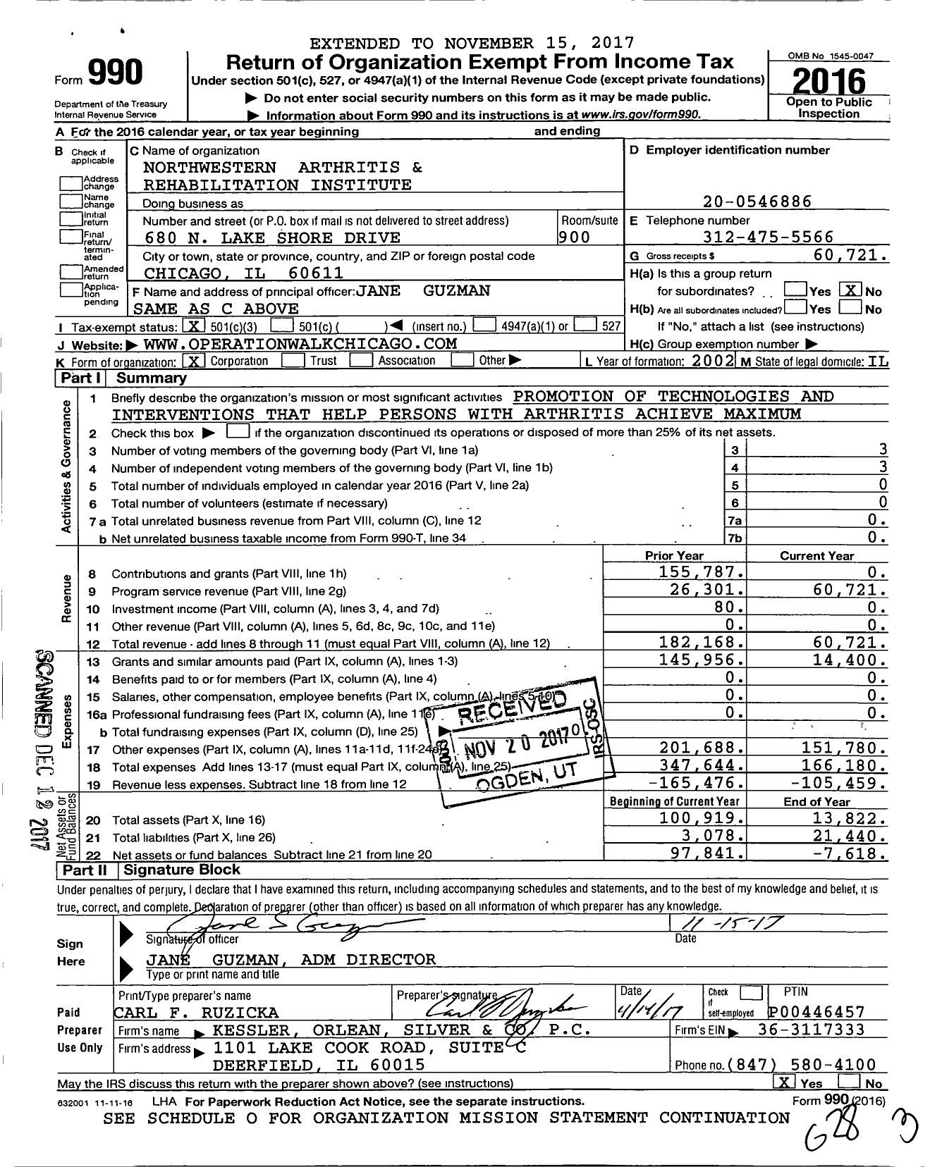 Image of first page of 2016 Form 990 for Northwestern Arthritis Rehabilitation Institute