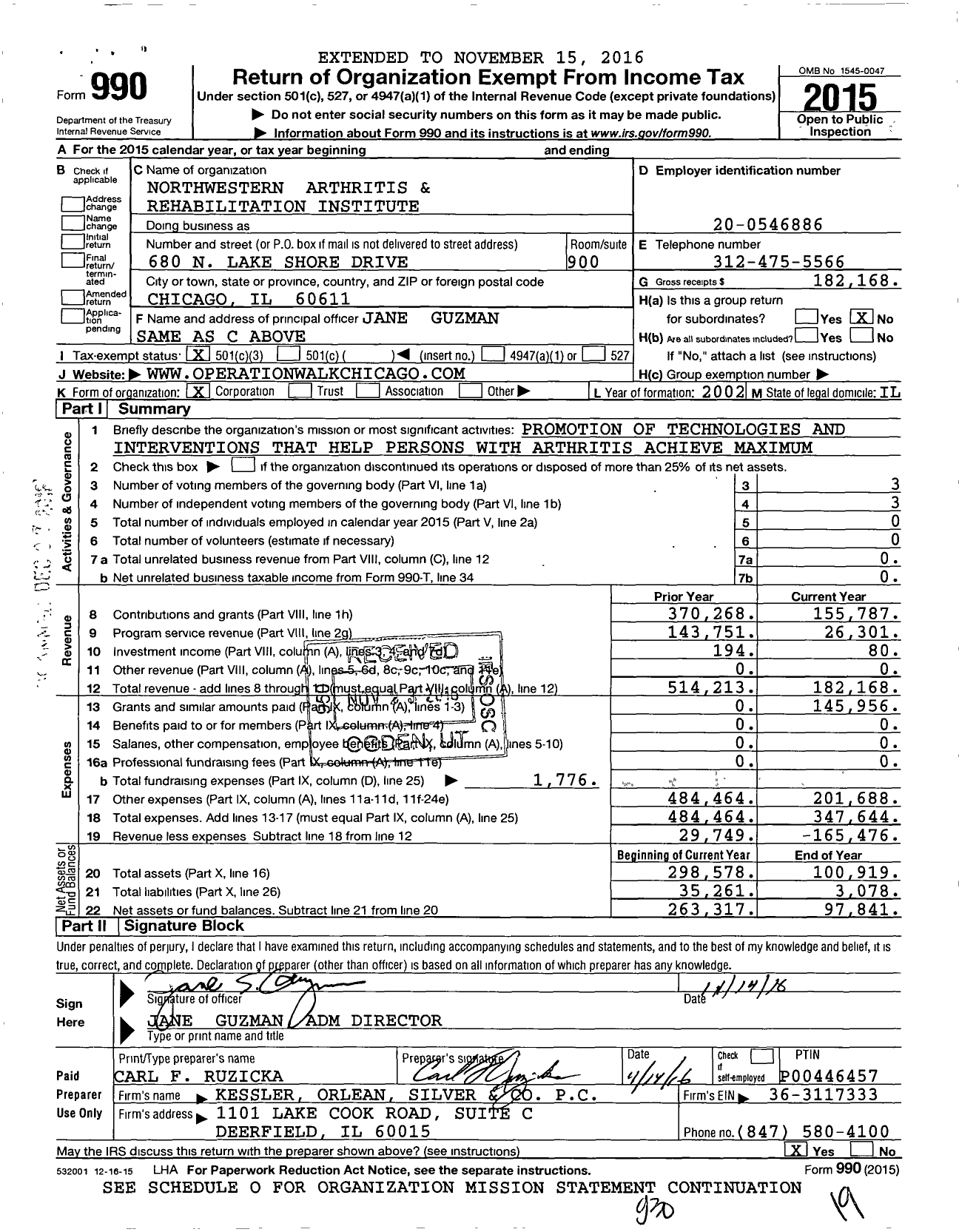 Image of first page of 2015 Form 990 for Northwestern Arthritis Rehabilitation Institute