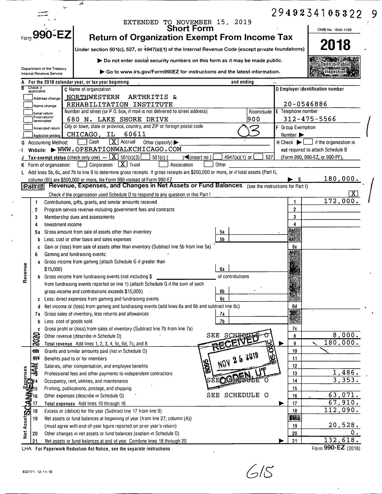 Image of first page of 2018 Form 990EZ for Northwestern Arthritis Rehabilitation Institute