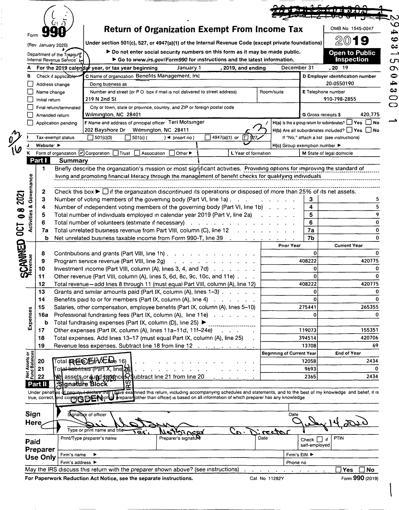 Image of first page of 2019 Form 990 for Benefits Management