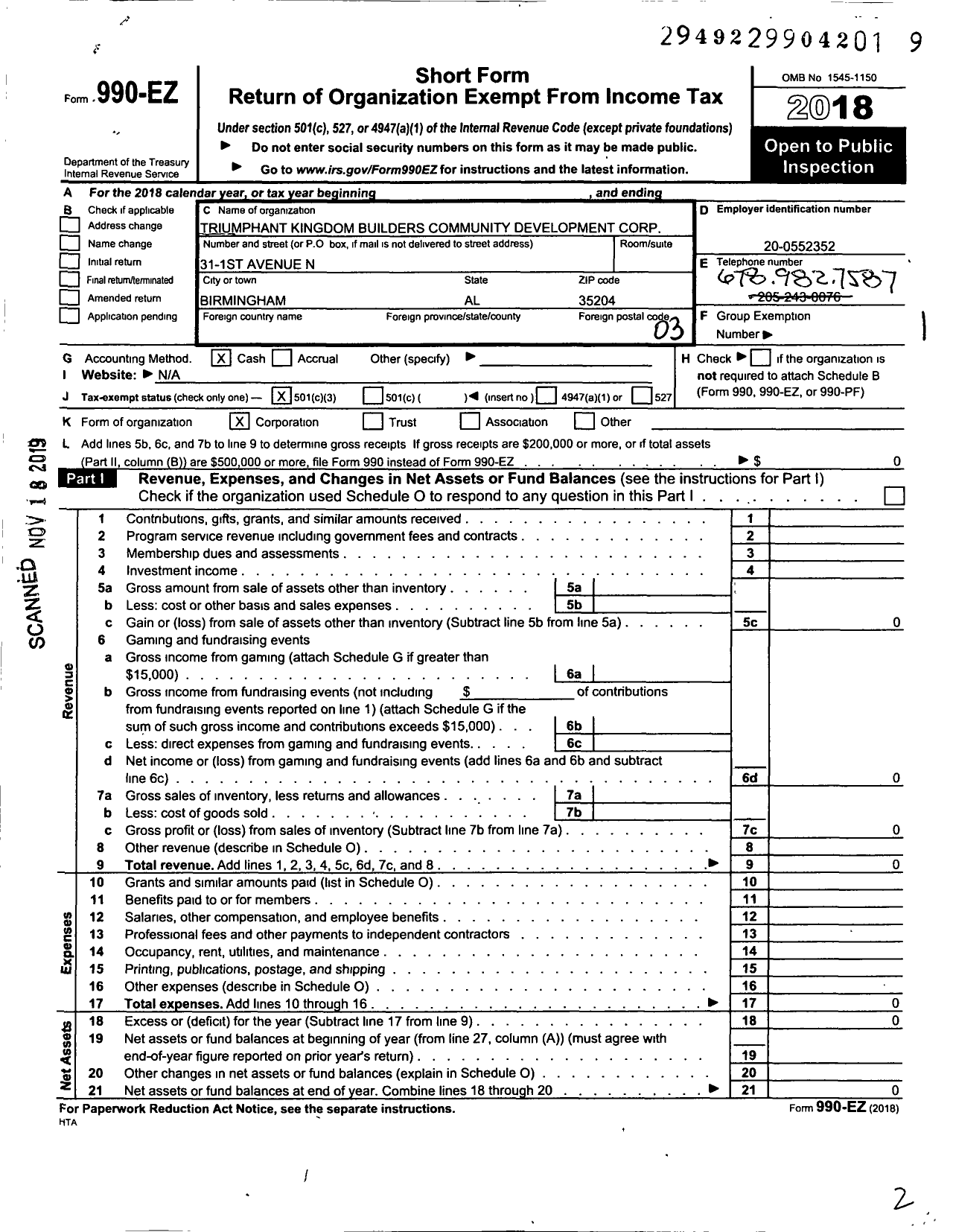 Image of first page of 2018 Form 990EZ for Triumphant Kingdom Builders Community Development Corporation