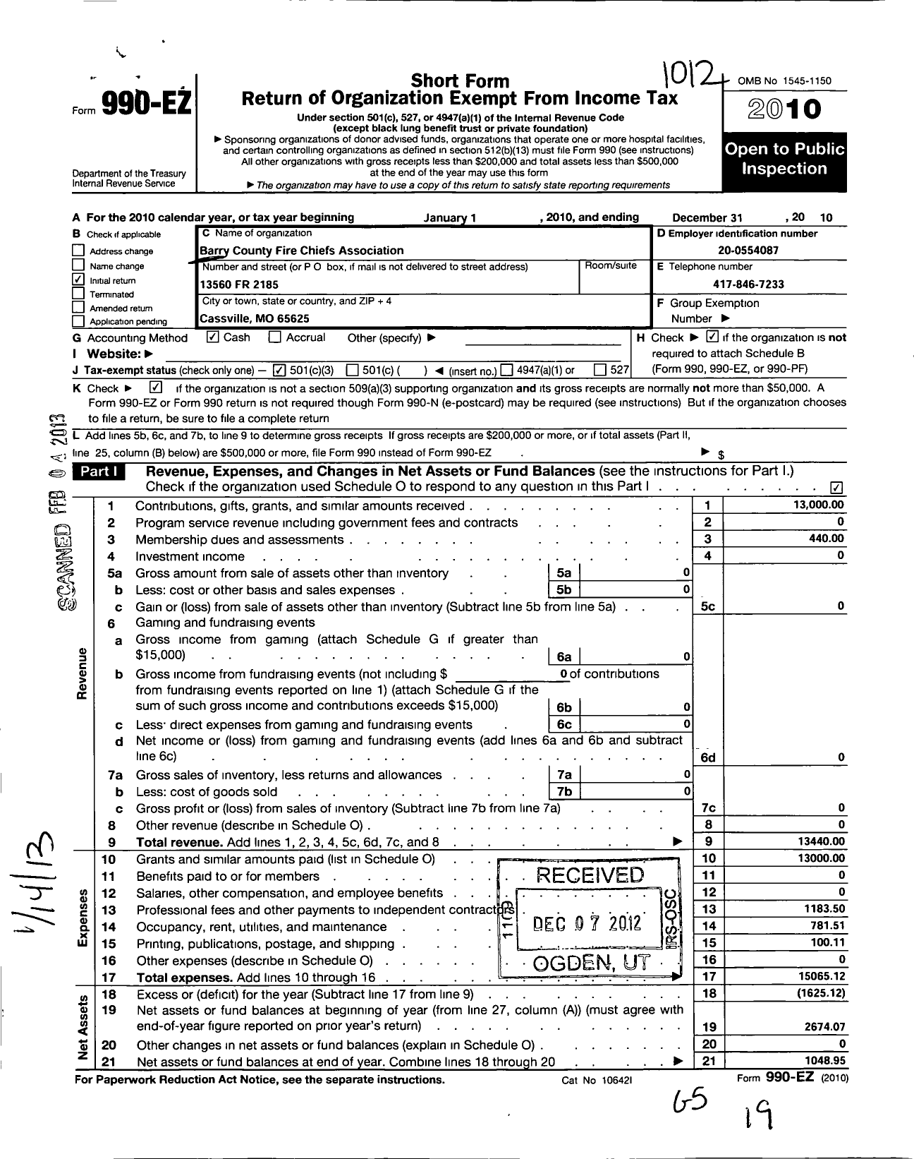 Image of first page of 2010 Form 990EZ for Barry County Firechiefs Association