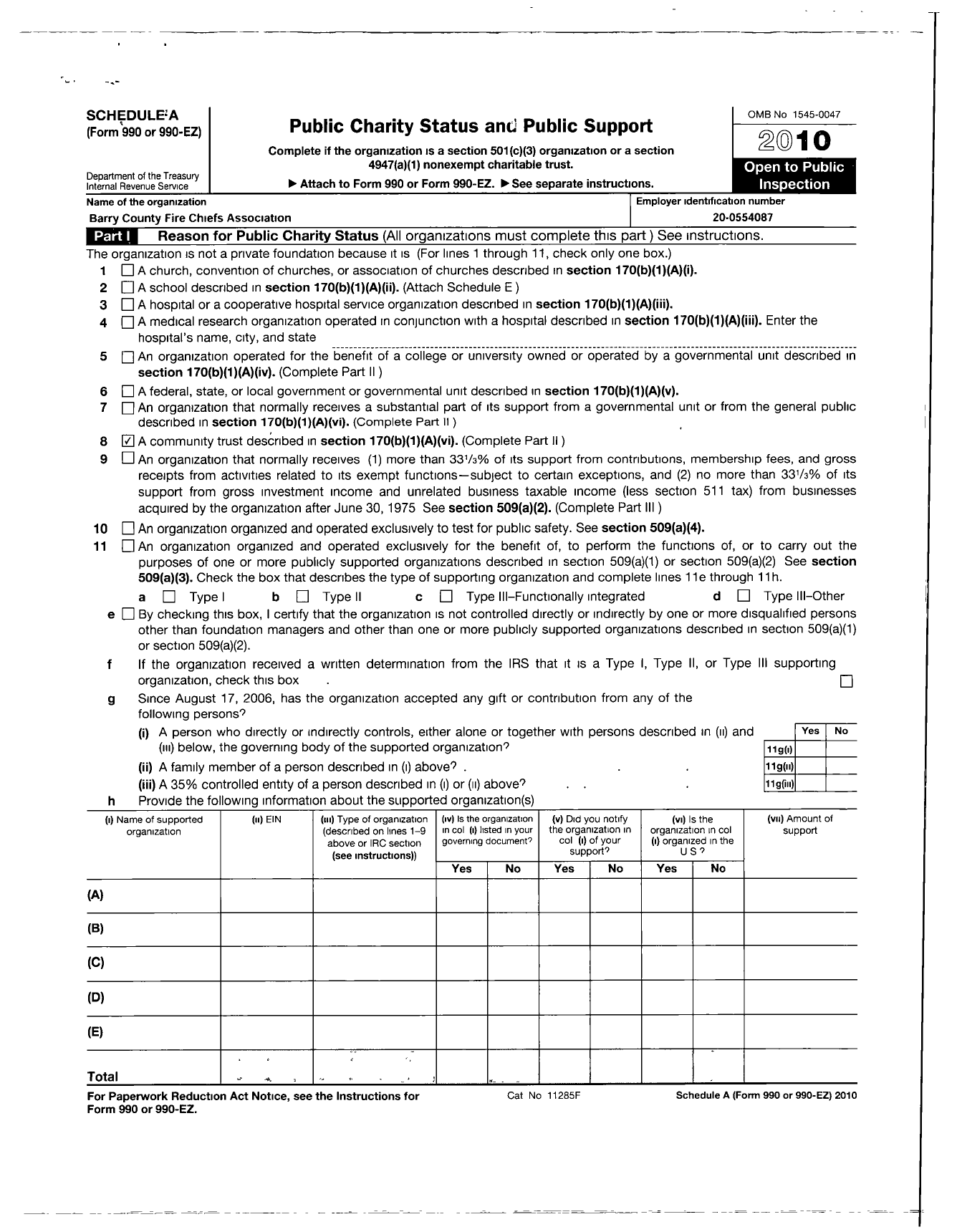 Image of first page of 2010 Form 990ER for Barry County Firechiefs Association