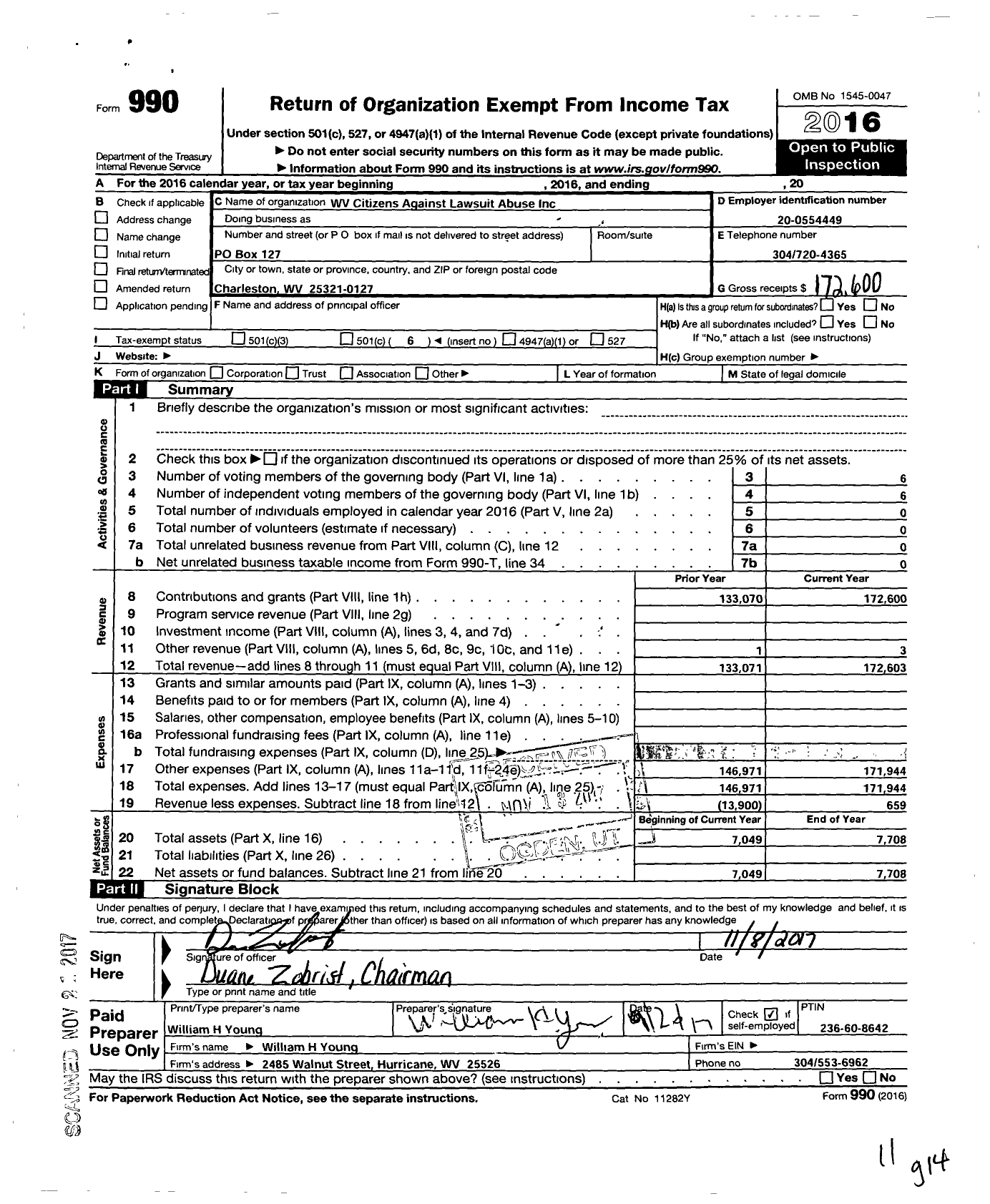 Image of first page of 2016 Form 990O for West Virginia Citizens Against Lawsuit Abuse