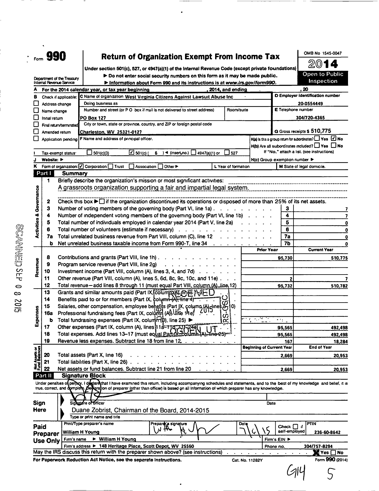 Image of first page of 2014 Form 990O for West Virginia Citizens Against Lawsuit Abuse