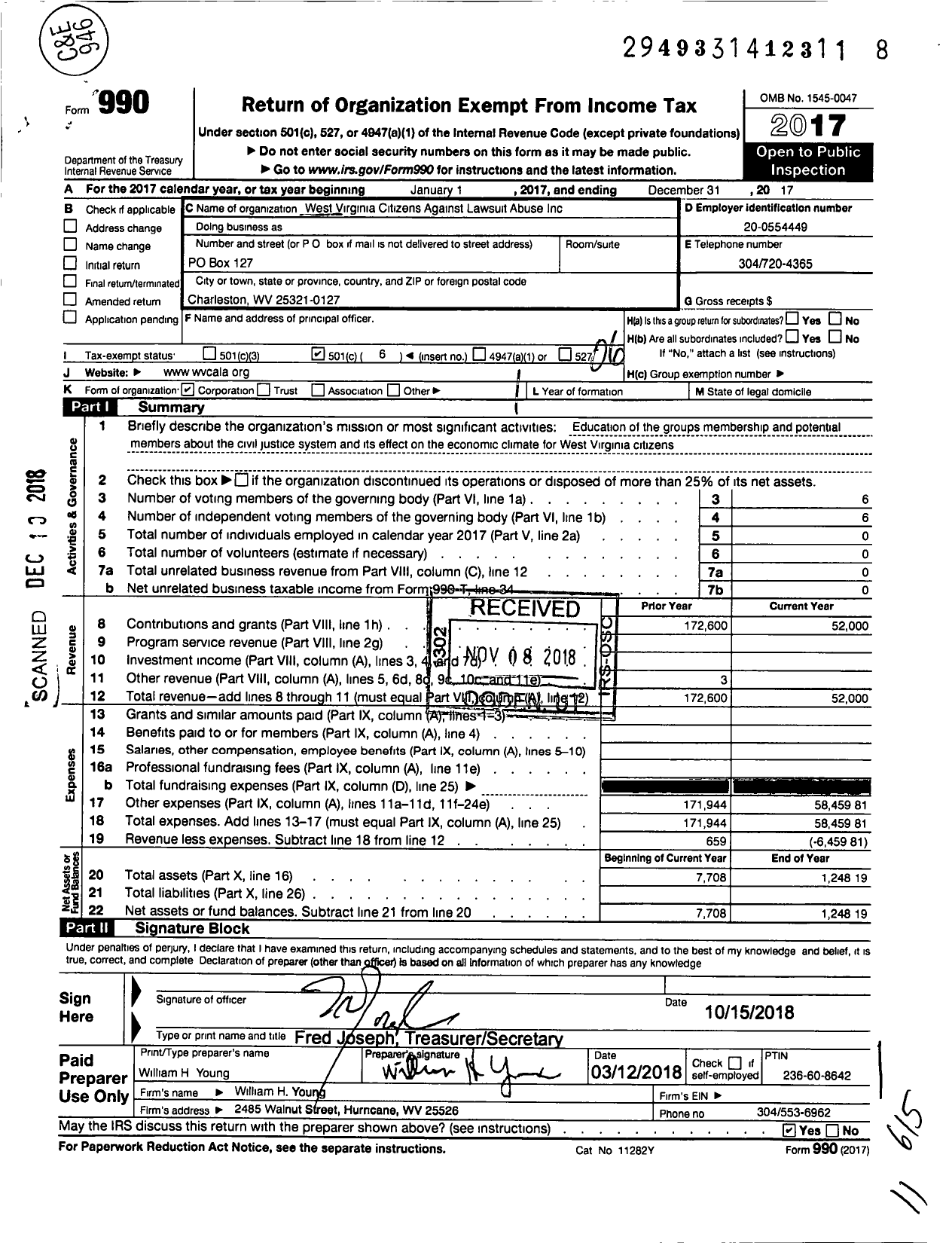 Image of first page of 2017 Form 990O for West Virginia Citizens Against Lawsuit Abuse