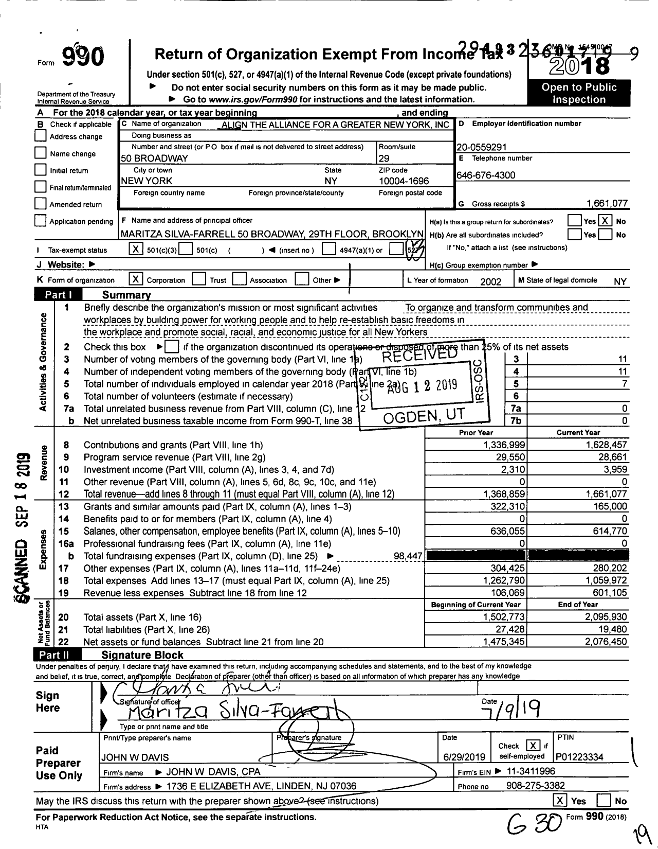 Image of first page of 2018 Form 990 for The Alliance for a Greater New York (ALIGN)