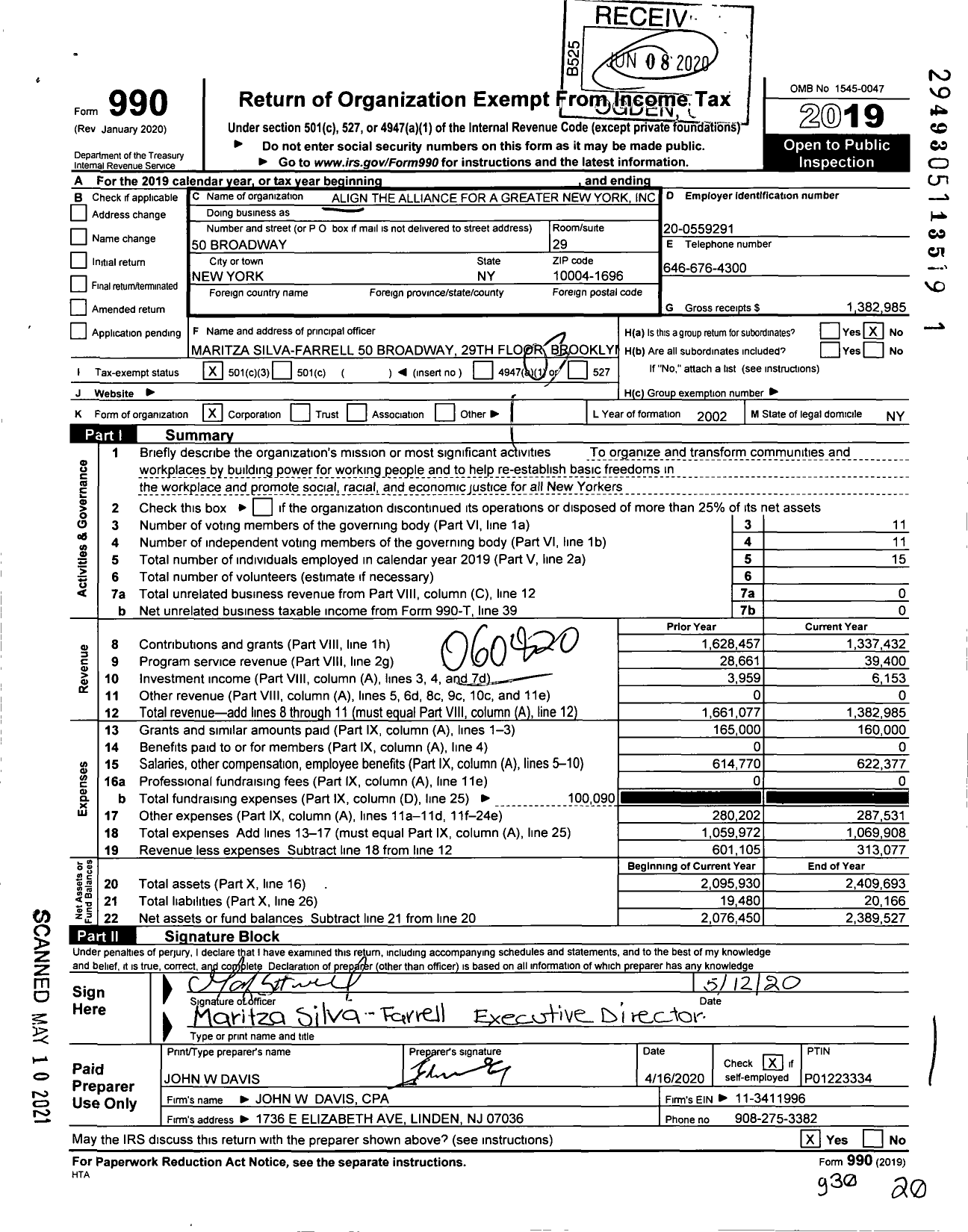 Image of first page of 2019 Form 990 for The Alliance for a Greater New York (ALIGN)
