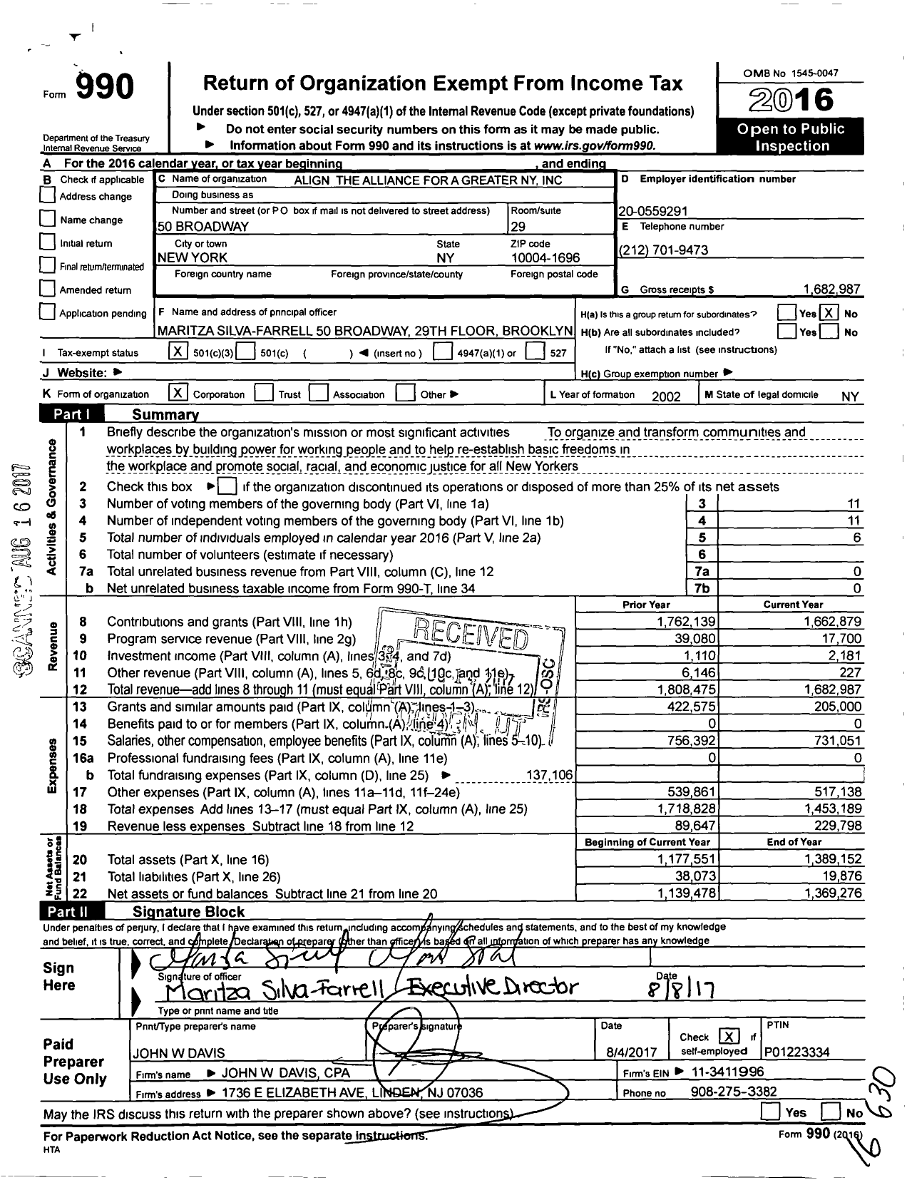 Image of first page of 2016 Form 990 for The Alliance for a Greater New York (ALIGN)