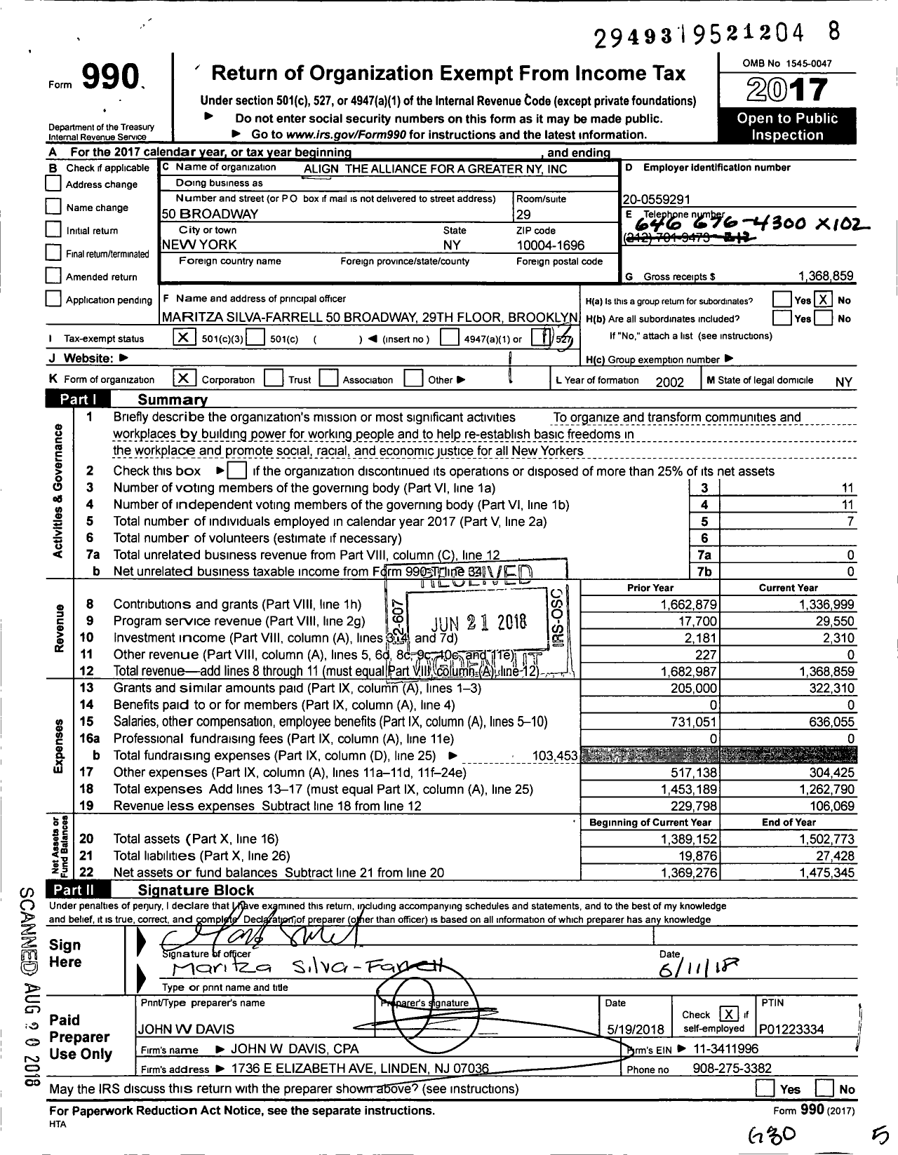 Image of first page of 2017 Form 990 for The Alliance for a Greater New York (ALIGN)