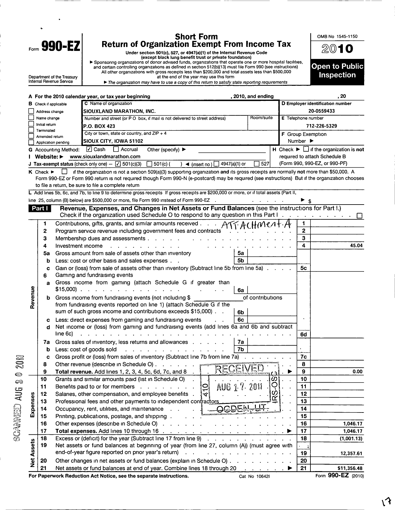 Image of first page of 2010 Form 990EZ for Siouxland Marathon