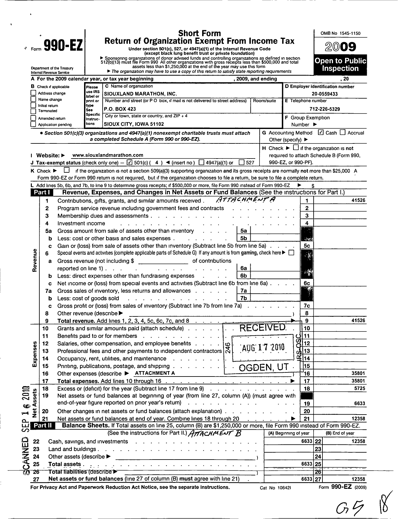 Image of first page of 2009 Form 990EO for Siouxland Marathon