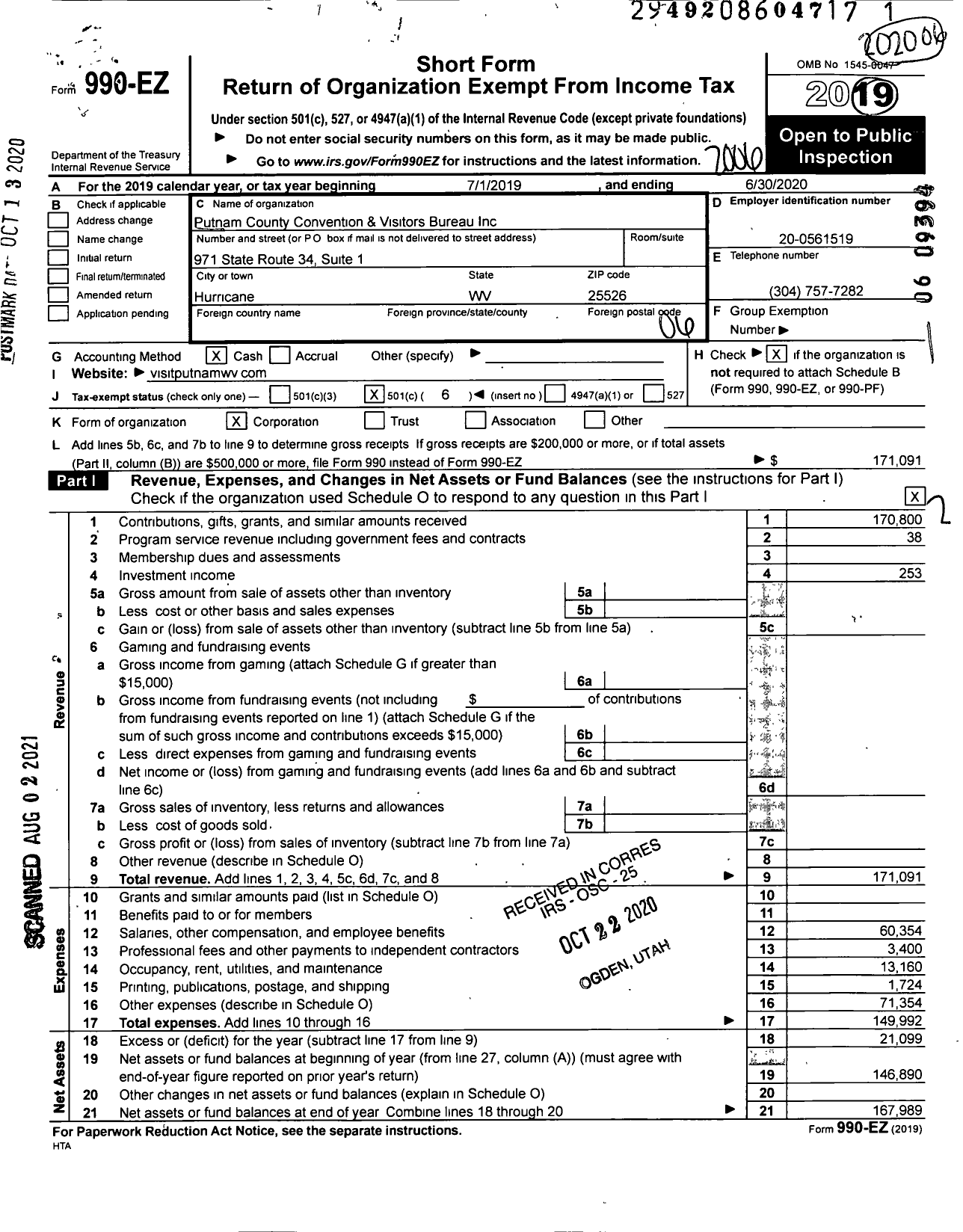 Image of first page of 2019 Form 990EO for Putnam County Convention and Visitors Bureau