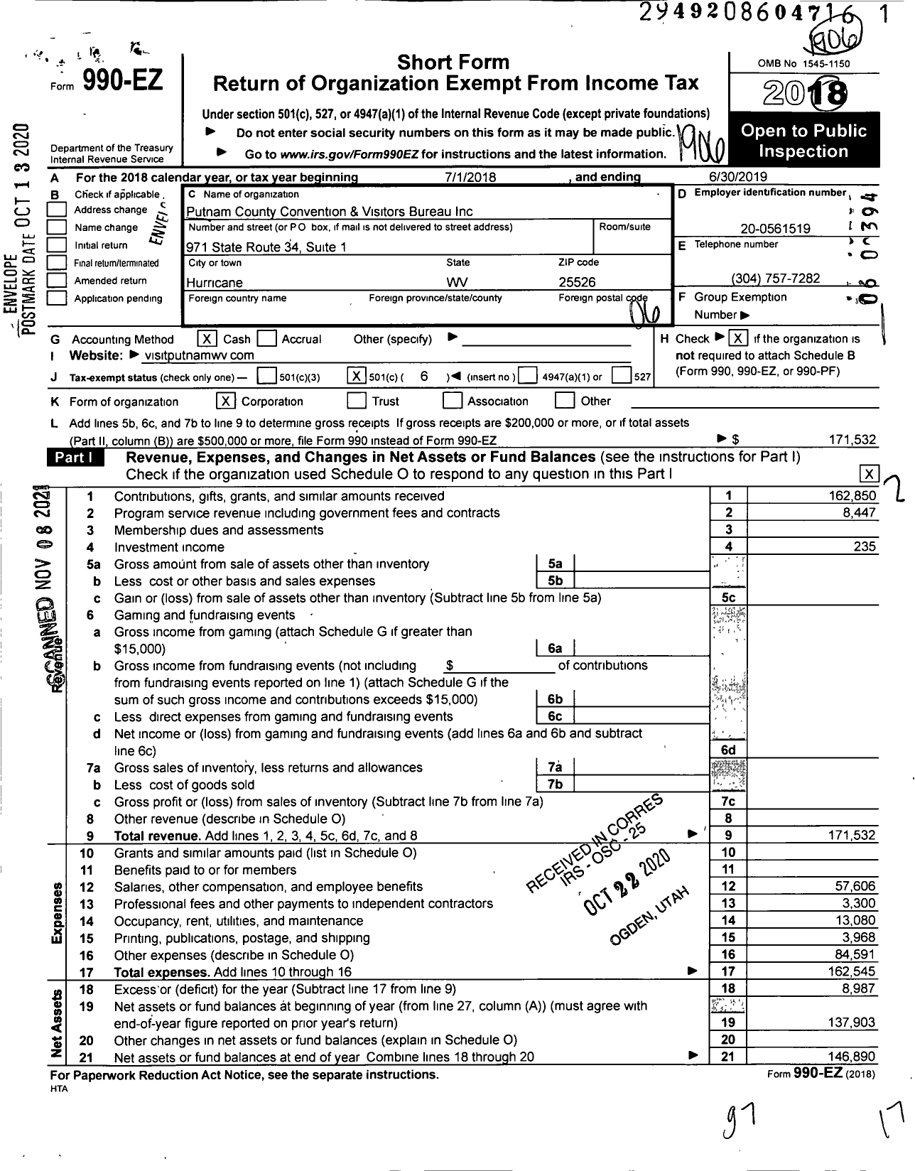 Image of first page of 2018 Form 990EO for Putnam County Convention and Visitors Bureau