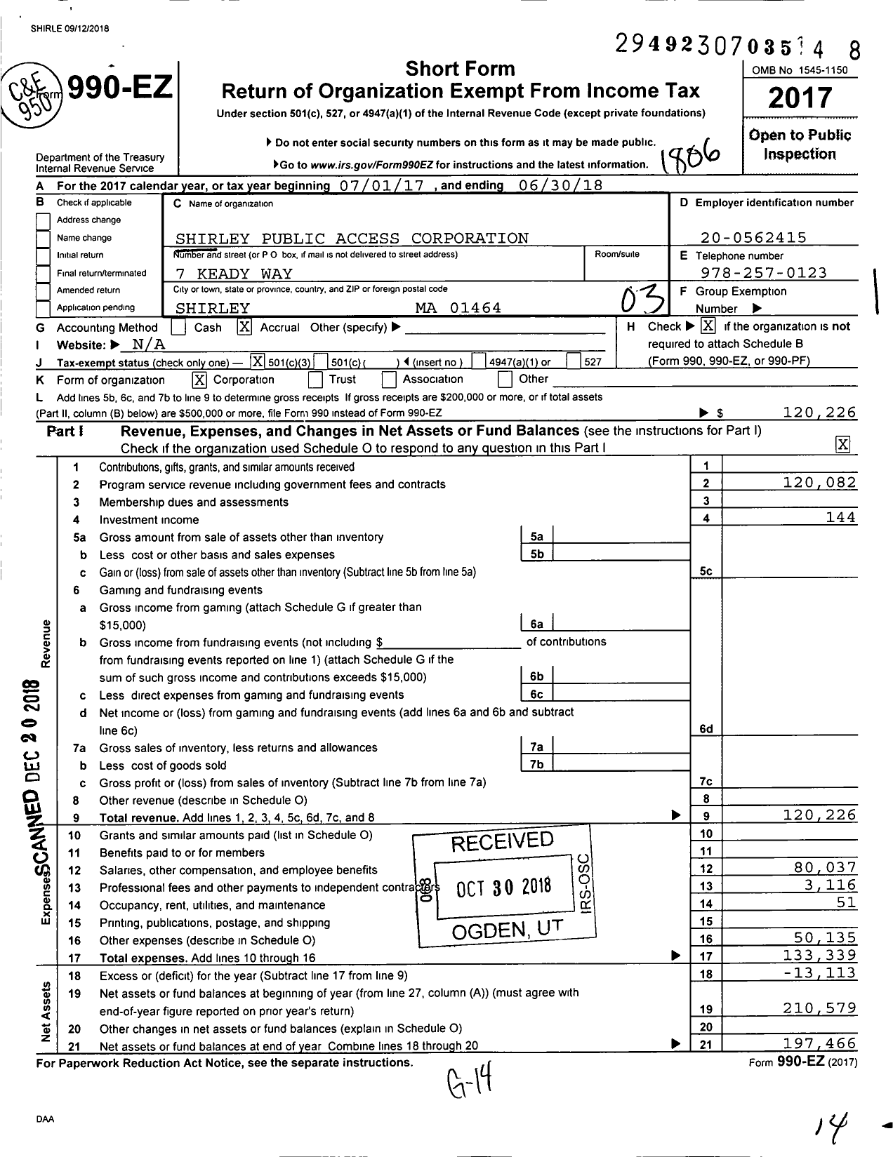 Image of first page of 2017 Form 990EZ for Shirley Public Access Corporation