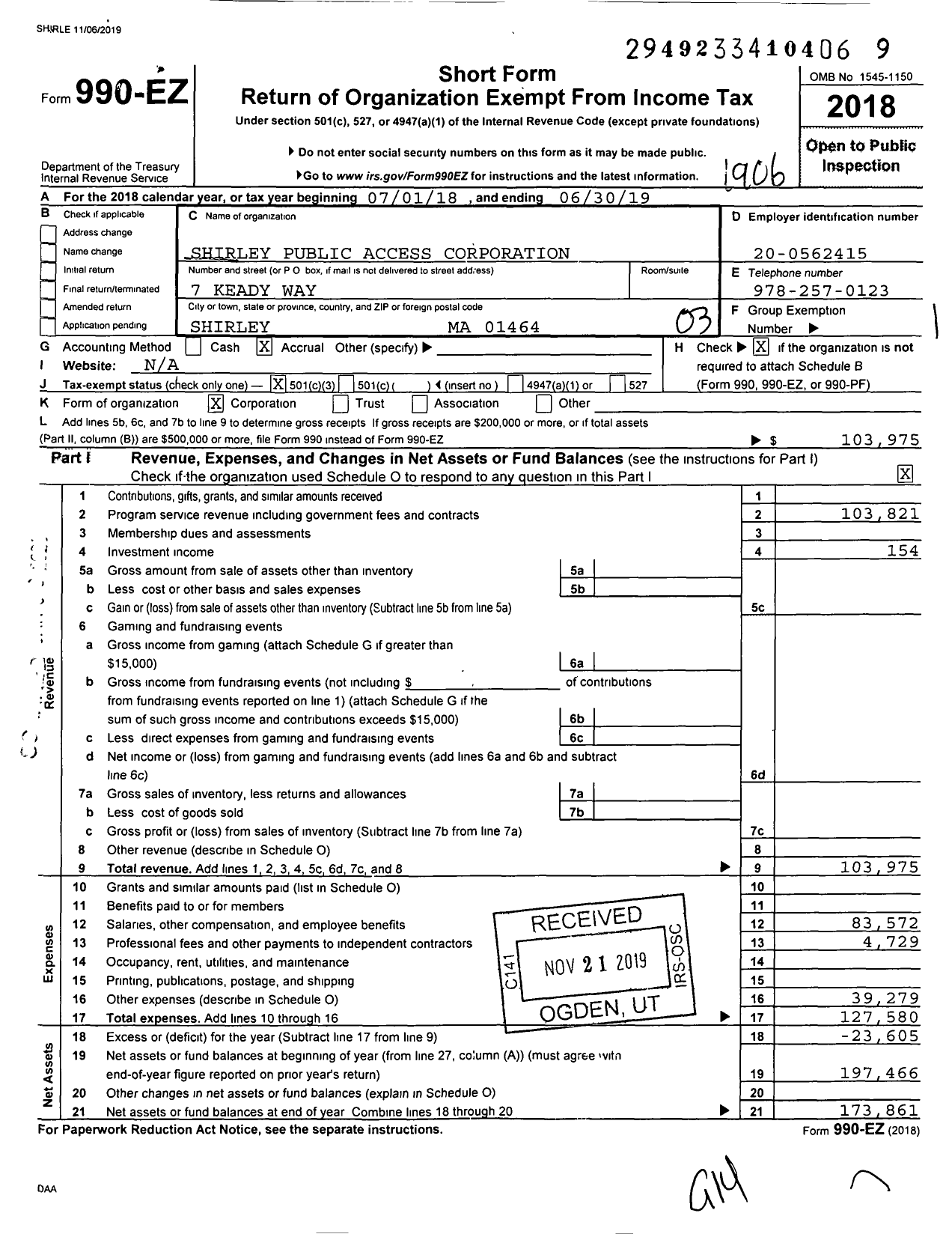 Image of first page of 2018 Form 990EZ for Shirley Public Access Corporation