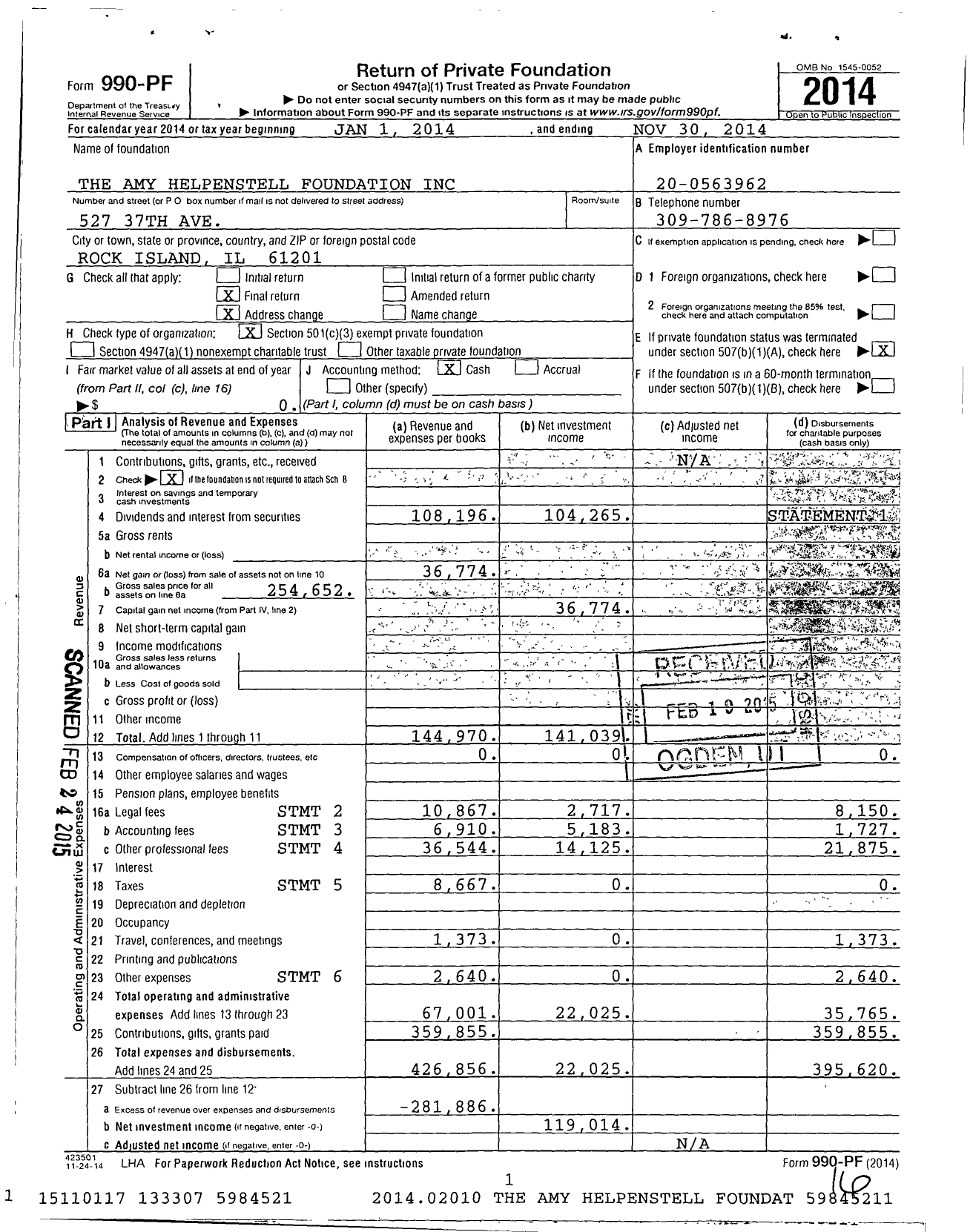 Image of first page of 2013 Form 990PF for The Amy Helpenstell Foundation