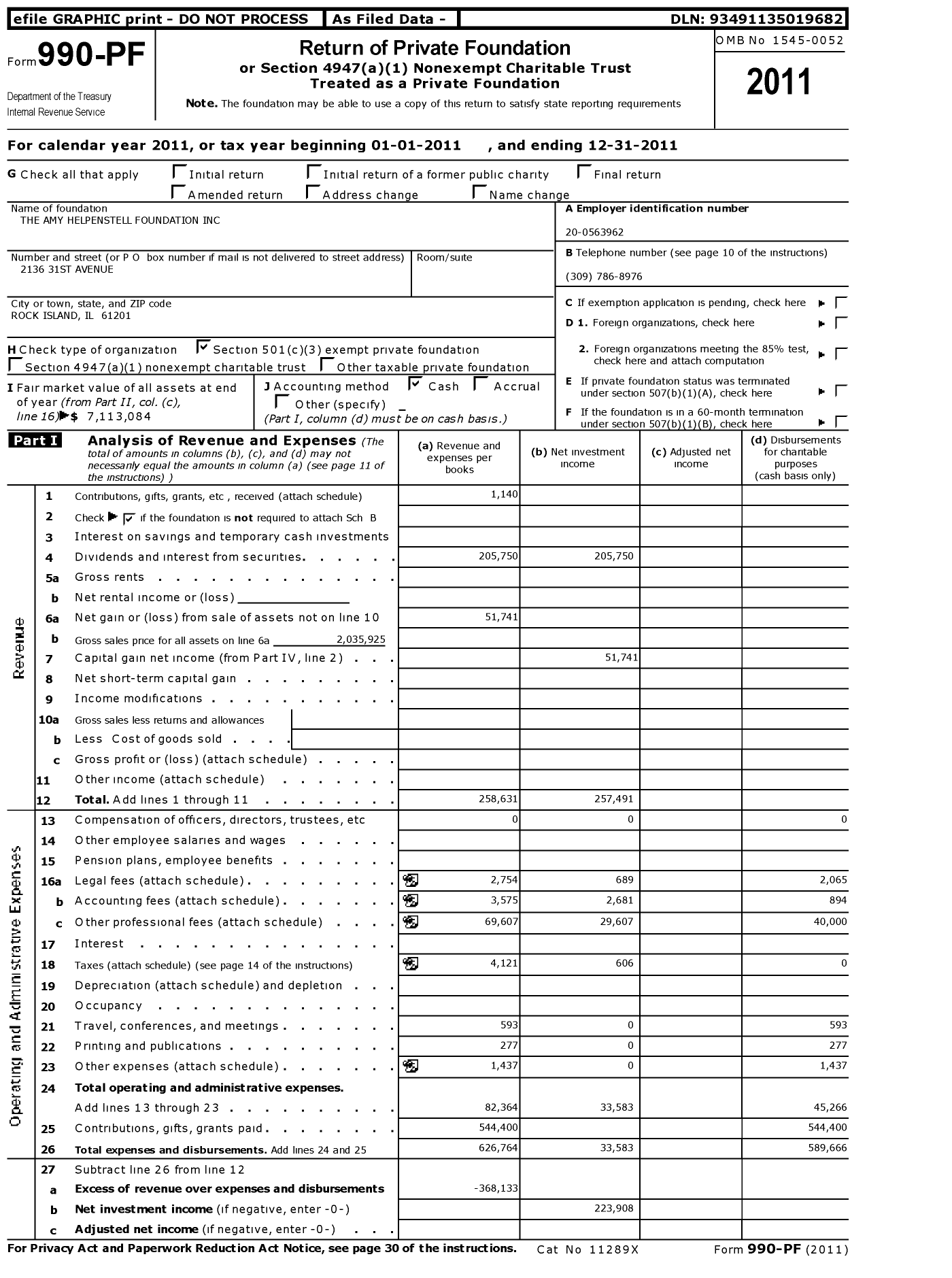 Image of first page of 2011 Form 990PF for The Amy Helpenstell Foundation