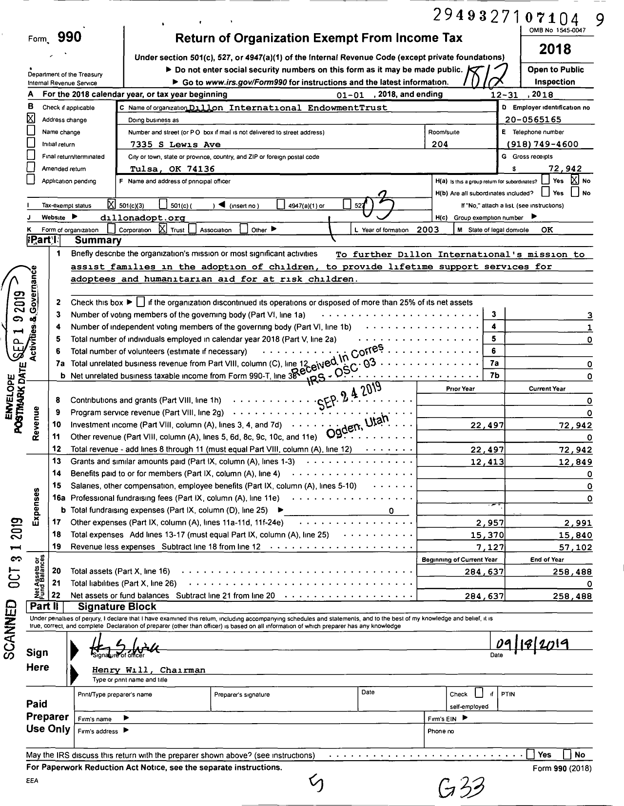 Image of first page of 2018 Form 990 for Dillon International EndowmentTrust
