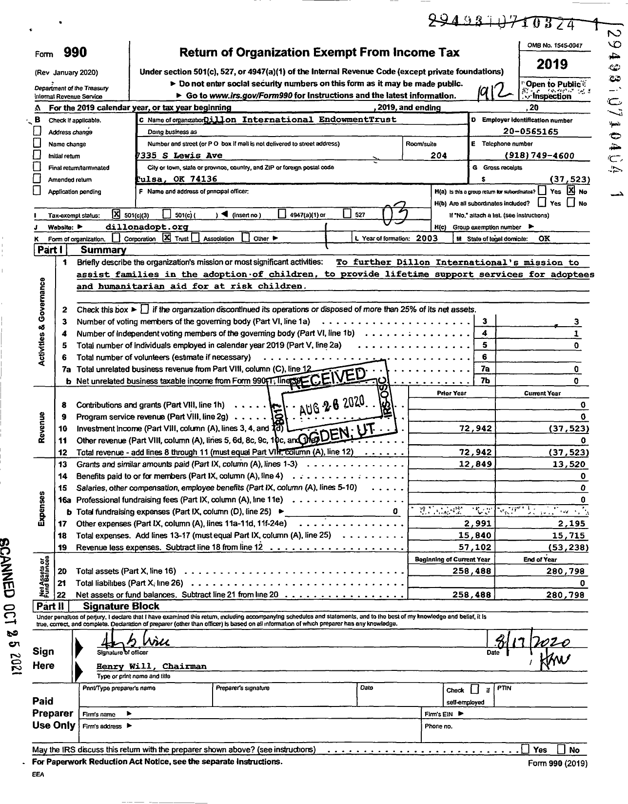 Image of first page of 2019 Form 990 for Dillon International EndowmentTrust