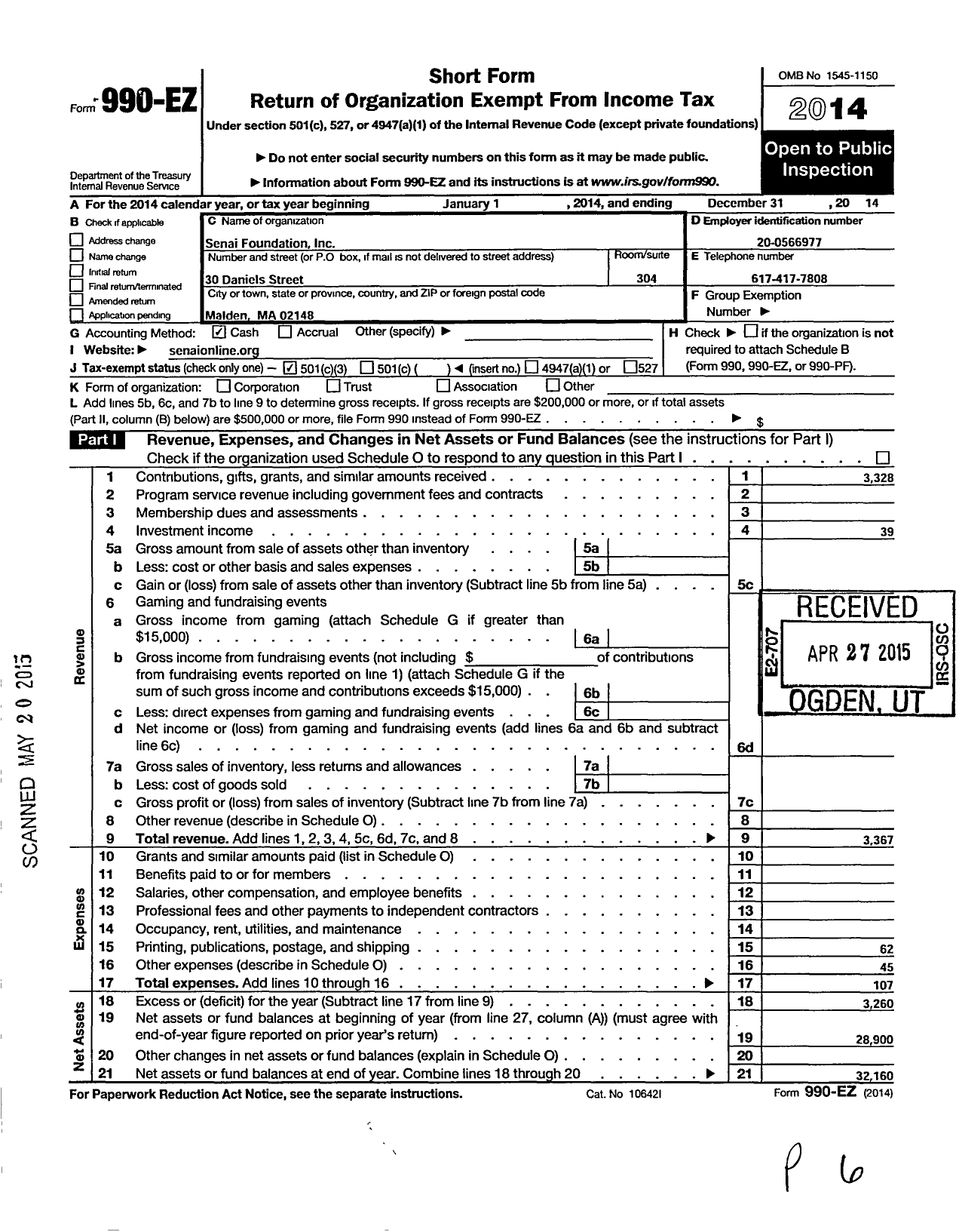 Image of first page of 2014 Form 990EZ for Senai Foundation