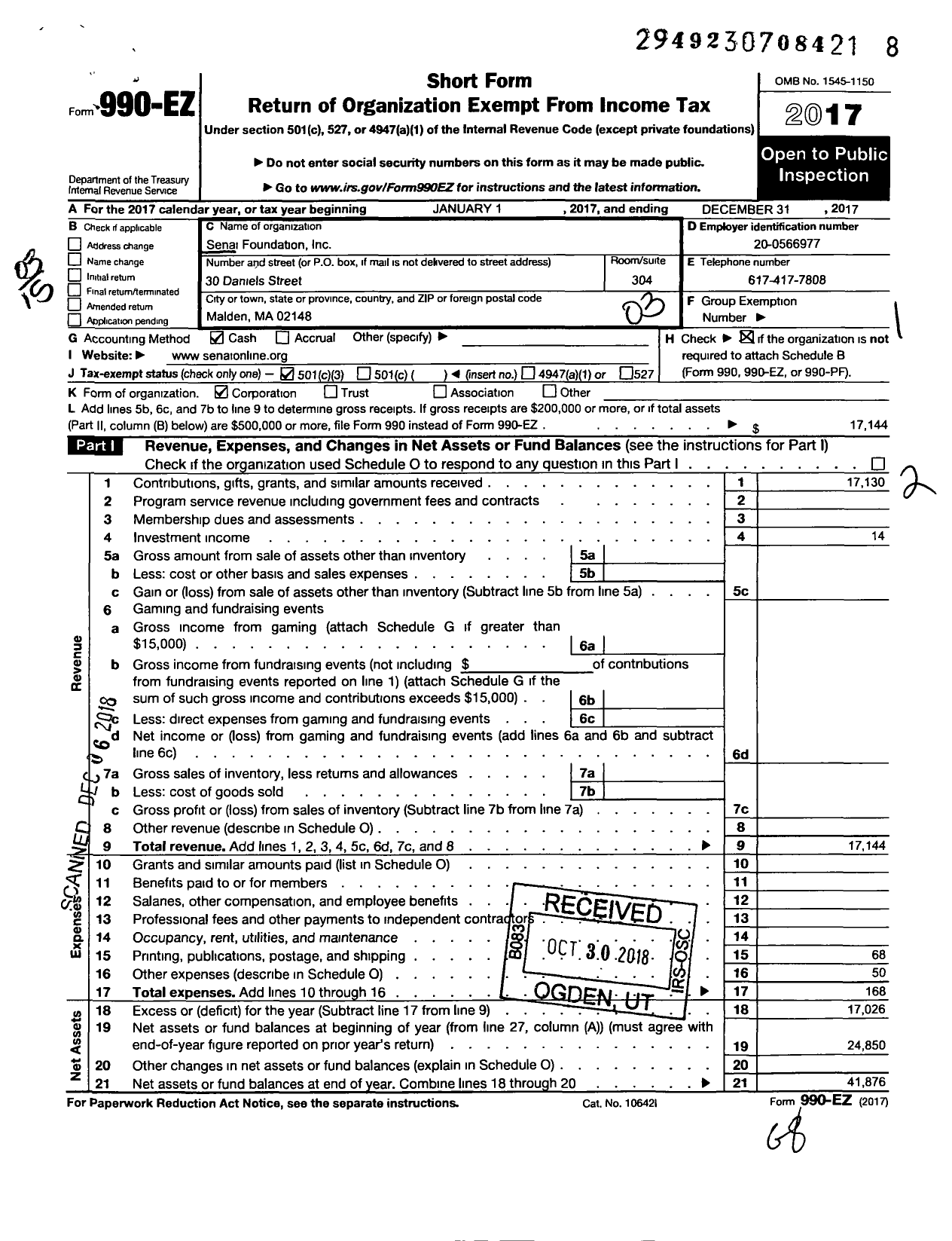 Image of first page of 2017 Form 990EZ for Senai Foundation