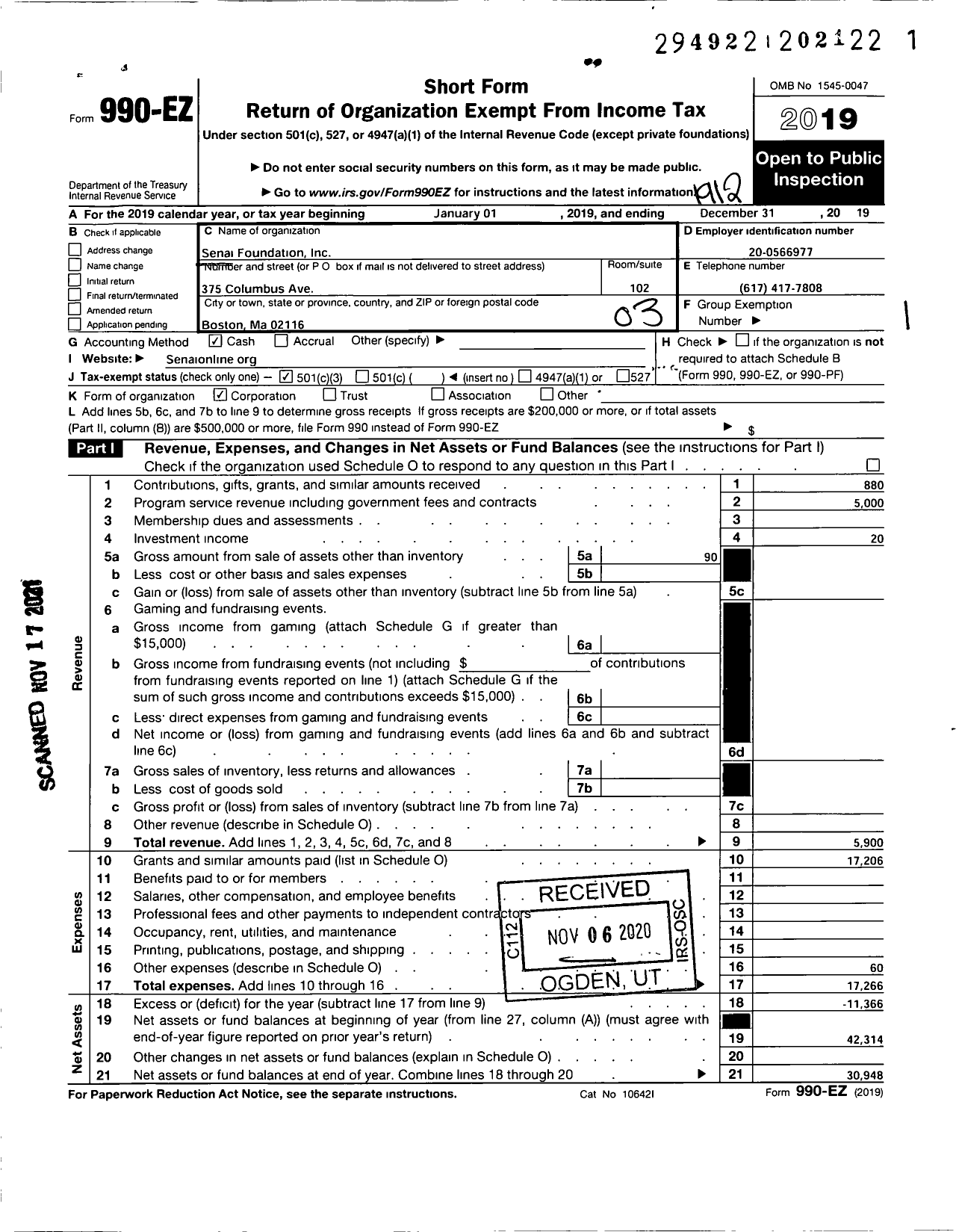 Image of first page of 2019 Form 990EZ for Senai Foundation