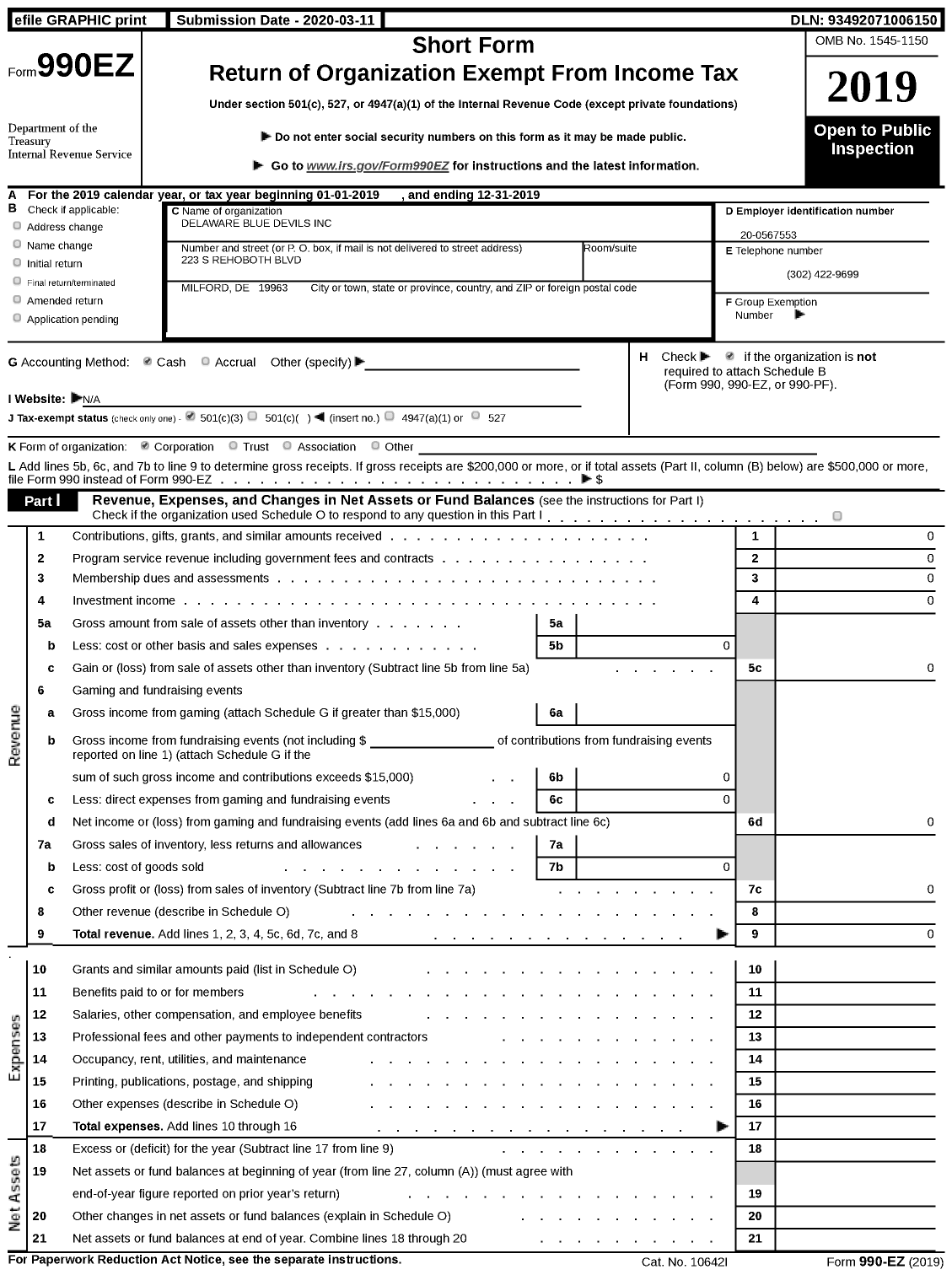 Image of first page of 2019 Form 990EZ for Delaware Blue Devils
